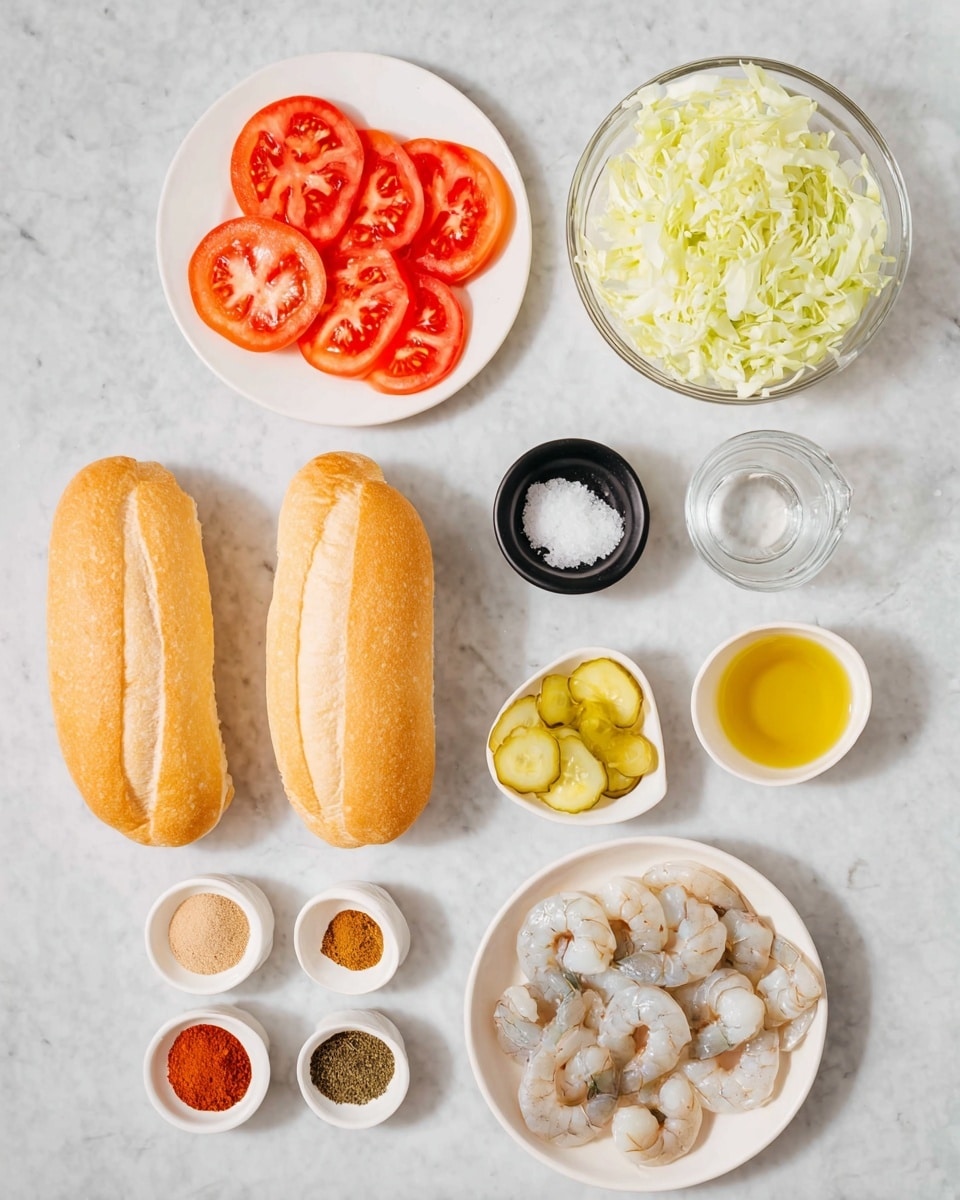 The image shows two golden brown long sandwich buns placed side by side on a white marbled surface. Above the buns, there is a white plate with five red tomato slices. Next to it is a black and clear measuring cup filled with shredded light green lettuce. To the left of the buns, two small white bowls hold brown sugar and red paprika powder. Below these, a white plate has seven different spices arranged in small piles, each with distinct colors including light brown, dark green, and black. To the right of the spice plate, there is a small white cup filled with light yellow pickle slices, and next to it, a clear measuring cup contains golden oil. At the bottom right, a white bowl is full of raw light grey shrimp. photo taken with an iphone --ar 4:5 --v 7