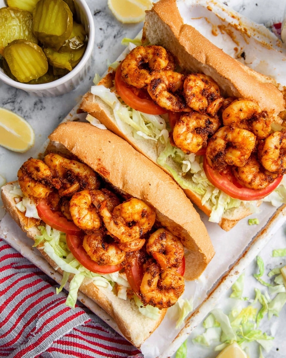 A white tray holds two sandwich halves filled with several layers: at the bottom, a soft, light brown sub roll sliced lengthwise, topped with bright red tomato slices, then a layer of pale green shredded lettuce, and on top, many orange, grilled shrimp with char marks. The sandwiches rest on a white marbled surface, with some sliced pickles placed inside a small white bowl on the left side of the tray. A red and gray striped cloth is visible near the edge of the tray. Some loose pickle slices and shredded lettuce pieces are scattered around the tray and surface. Photo taken with an iphone --ar 4:5 --v 7