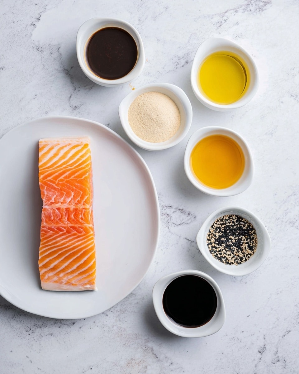 A raw salmon fillet with bright orange and light white stripes sits on a white plate at the bottom left corner of the image. Surrounding it are six small white bowls on a white marbled surface: top left holds thick dark brown sauce, top middle shows pale beige powder, top right contains light yellow oil, bottom middle has light golden liquid, bottom right shows dark soy sauce, and bottom left contains black and white sesame seeds. Another small bowl with black ground pepper is at the bottom right near the soy sauce bowl. photo taken with an iphone --ar 4:5 --v 7
