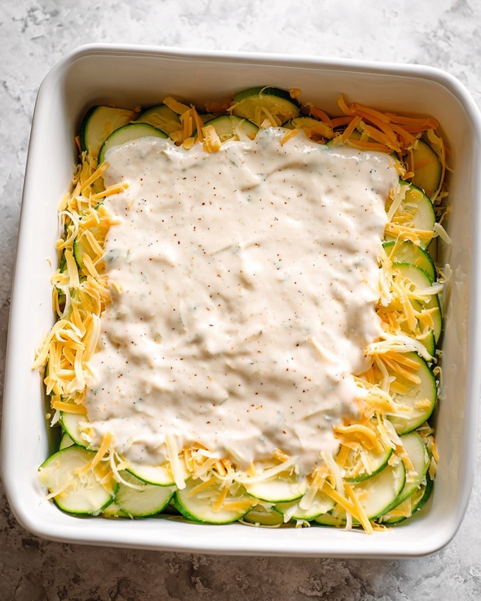 A white square baking dish filled with several layers of thin green zucchini slices laid flat at the bottom and edges, topped with a layer of shredded orange cheese spread unevenly. On top of that is a thick creamy white sauce with visible small dark specks, lightly covering the cheese and zucchini below, creating a smooth textured top layer. The dish is sitting on a white marbled surface. Photo taken with an iphone --ar 4:5 --v 7