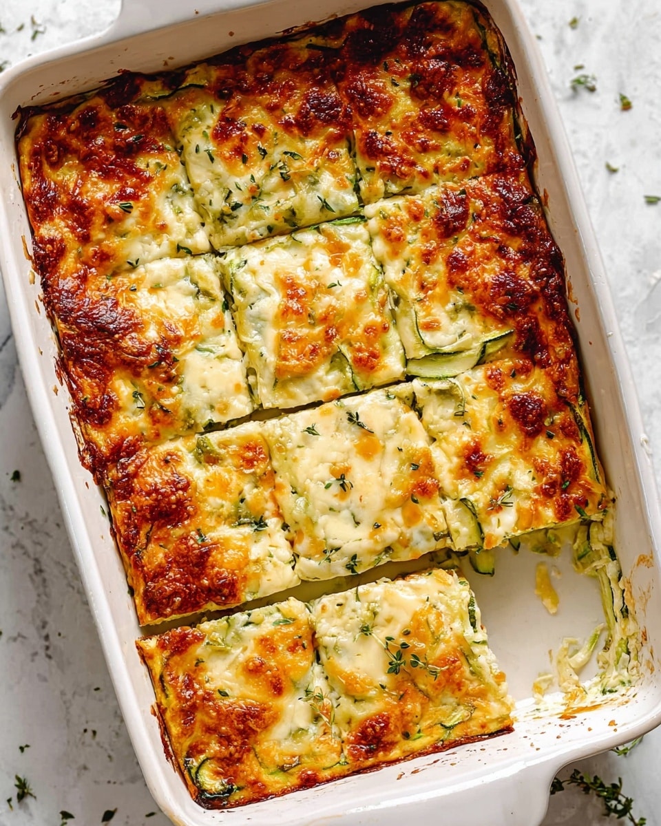 The image shows a white rectangular baking dish filled with a baked casserole cut into eight square pieces. The casserole has two main layers: the top is a golden melted cheese layer with some browned spots and small green herb sprinkles. Below the cheese, a creamy filling with visible bits of green vegetables, likely zucchini, is seen. The edges of the dish have slightly caramelized cheese that looks crispy. The dish sits on a white marbled surface with some small herbs scattered around the base. Photo taken with an iphone --ar 4:5 --v 7