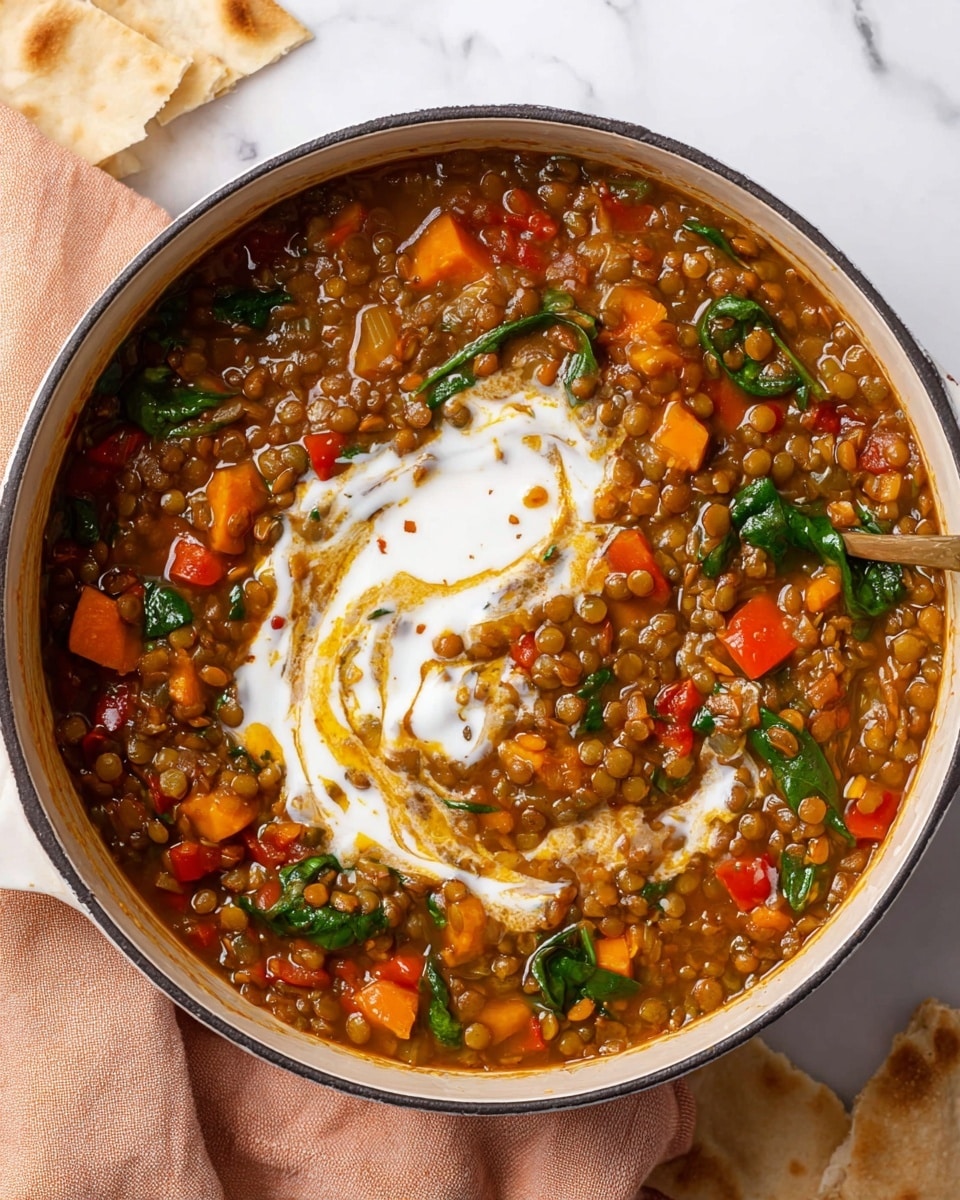 A close-up of a white pot filled with a thick lentil stew showing three main layers: the base layer is a deep brown broth with visible lentils, mixed with diced orange carrots and red bell peppers, scattered green spinach leaves add contrast, on top a swirl of white cream adds a creamy texture and light color contrast, the pot is set on a soft peach cloth over a white marbled surface, some cut pieces of beige flatbread are just visible at the corner. photo taken with an iphone --ar 4:5 --v 7