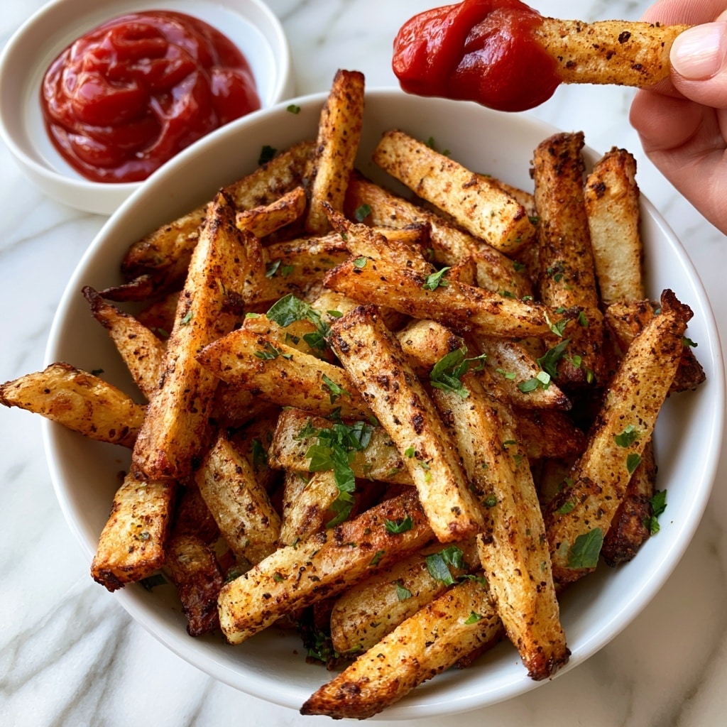 A white bowl filled with crispy golden-brown fries that are speckled with dark spices and small bits of green herbs, arranged on a white marbled surface. To the side, there is a small white round dish of thick, bright red ketchup with one fry held by a woman's hand dipping into it. The fries are uneven with some charred edges and scattered fresh green herbs on top, giving a textured and flavorful look, photo taken with an iphone --ar 4:5 --v 7