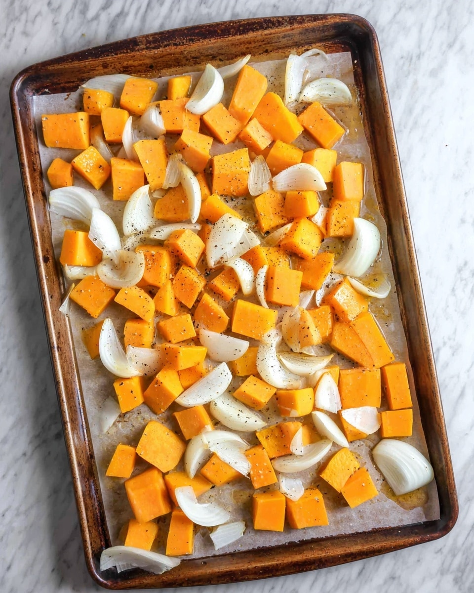 A baking tray lined with parchment paper holds many small cubes of orange butternut squash mixed with white onion wedges spread evenly across the surface. The squash cubes are bright orange with a smooth texture, some showing slight variations in shade, while the white onion pieces are thick and curved. A light sprinkling of ground black pepper is visible on top, giving a subtle contrast to the warm colors. The tray is placed on a white marbled surface, showing some kitchen wear and tear on the edges. photo taken with an iphone --ar 4:5 --v 7