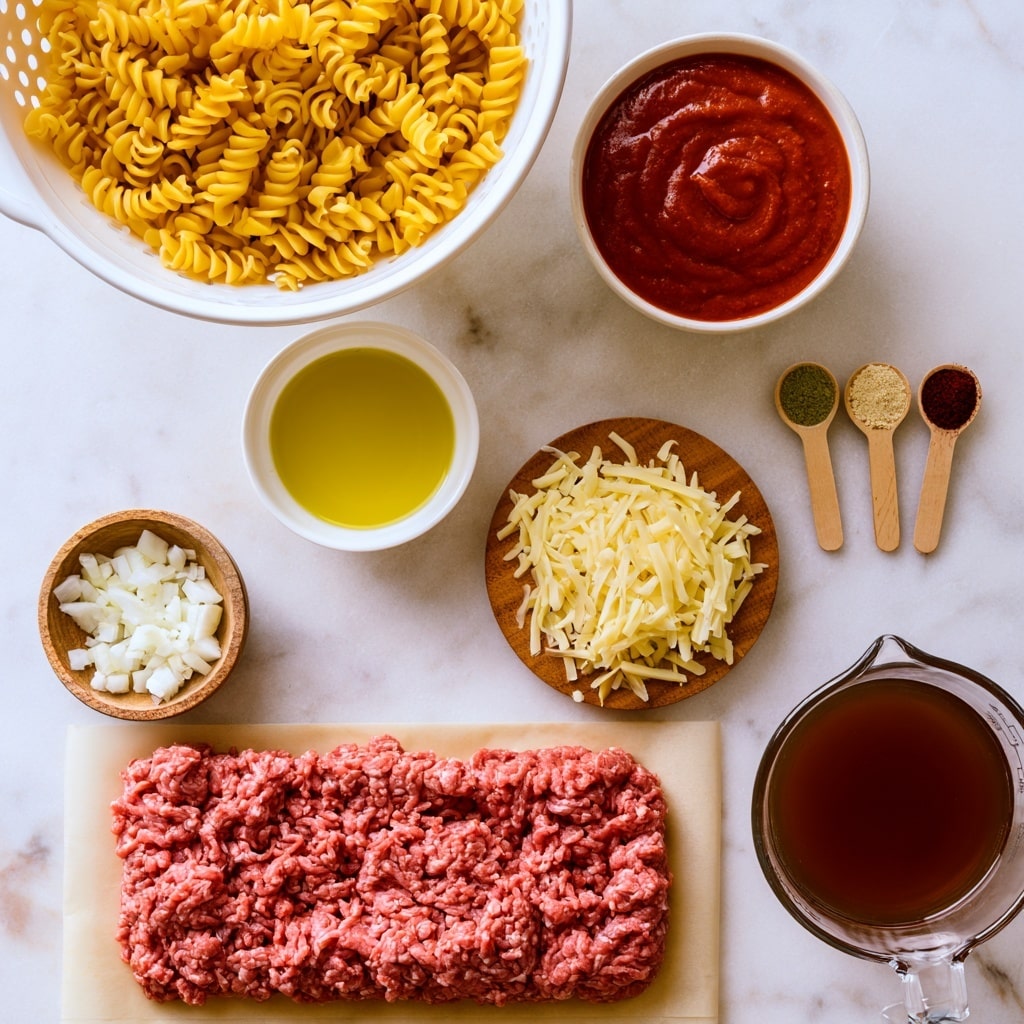 The image shows ingredients for enchilada pasta arranged on a white marbled surface. At the top left is a white colander filled with yellow rotini pasta. To the right of it is a small white bowl filled with smooth red enchilada sauce. Below that, on the right, are three small wooden spoons each holding a different powder seasoning: green, beige, and dark red. To the left of the seasonings is a small white bowl with bright yellow olive oil. Below the olive oil is a small wooden round board with a pile of shredded pale yellow cheese. To the top left of the cheese board is a small wooden bowl with white chopped onions. At the bottom left is a rectangular piece of parchment paper with raw pink ground beef spread evenly on it. To the lower right of the beef is a clear measuring cup filled with dark brown beef broth. All items have clear labels in bold black and white text. Photo taken with an iphone --ar 4:5 --v 7