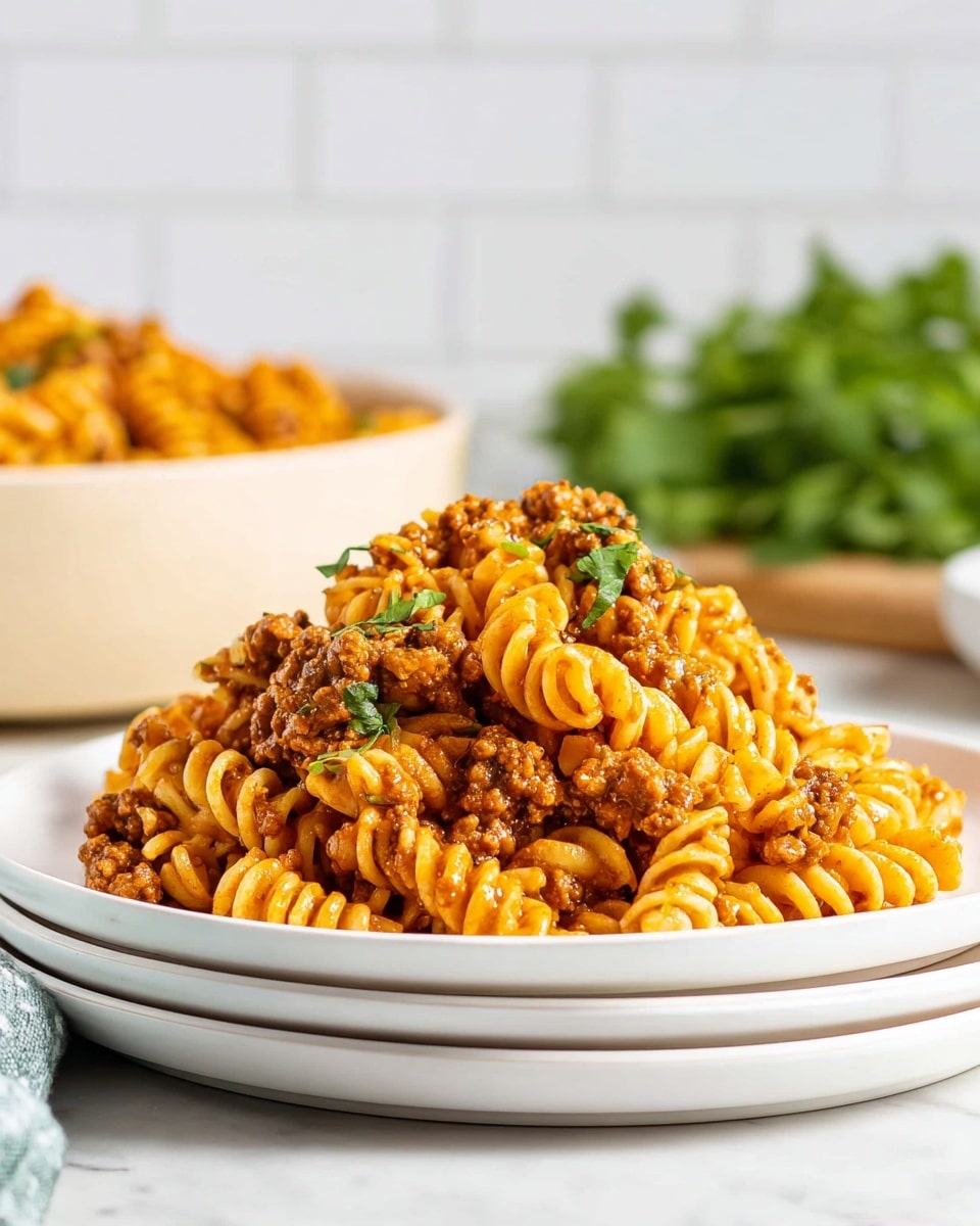 A close-up view of a plate with a pile of rotini pasta mixed with ground meat sauce. The pasta is orange-brown from the sauce and looks saucy and moist. The ground meat is brown and mixed evenly throughout the pasta, with small pieces and some green herb bits scattered on top. The white plate is stacked on two other white plates, sitting on a white marbled surface. In the background, there is a beige bowl filled with more of the same pasta, with white tile walls and some green leafy herbs blurred on the right side. Photo taken with an iphone --ar 4:5 --v 7