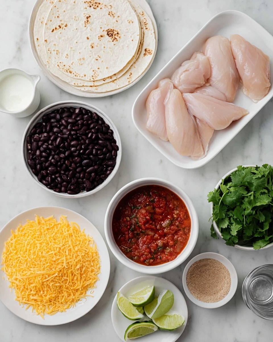 The image shows ingredients arranged on a white marbled surface for making chicken tacos. On the top right, there is a white dish with four raw chicken pieces, pale pink with smooth texture. To the left of the chicken, three white tortillas with light brown spots are stacked in a round white tray. Below the tortillas, a white plate holds a pile of shredded bright orange cheddar cheese. In the center, a white bowl contains dark black beans that are shiny and round. Below the beans, a white bowl of chunky red salsa is visible with bits of tomatoes and herbs. To the right of salsa, a white bowl shows a light brown powdery spice mix. Green cilantro leaves sit fresh and leafy to the far right side. There is also a small white cup of clear liquid and a metal cup filled with sour cream, plus a white plate with lime wedges on the bottom right. Everything is neatly arranged with good lighting and soft shadows. Photo taken with an iphone --ar 4:5 --v 7