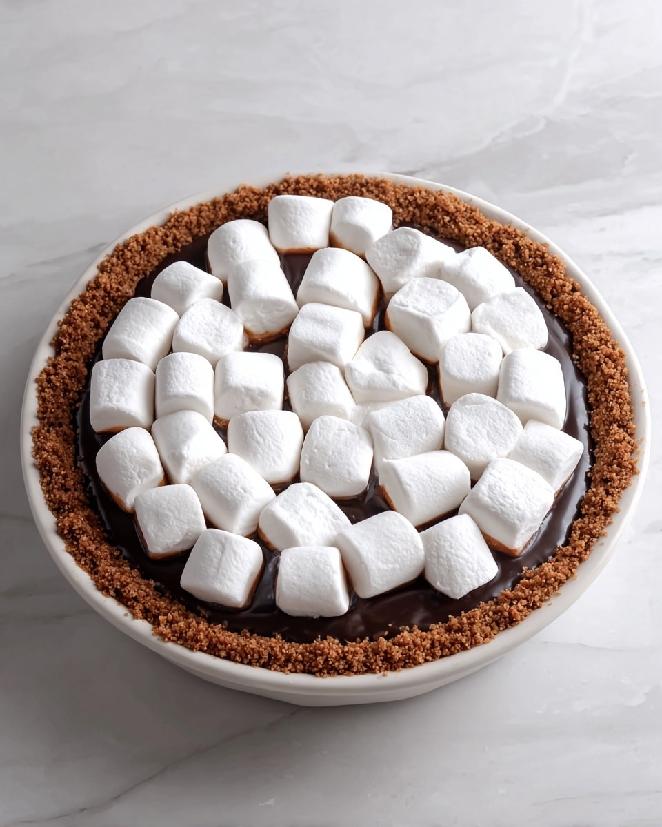 A round dessert pie with three visible layers sits on a white marbled texture. The bottom layer is a thick, crumbly brown crust that fills the pie dish, forming a raised edge. Above it is a dark chocolate filling that is smooth and shiny, covering the entire base inside the crust. On top, there is an even layer of large, white marshmallows, arranged closely together in a circular pattern, creating a soft and puffy texture contrasting with the dark filling and brown crust. Photo taken with an iphone --ar 4:5 --v 7