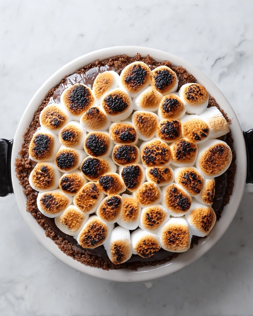 A close-up of two layered dessert bars on white plates, each with a bottom golden brown crumbly base, a thick dark brown rich chocolate layer in the middle, and a top layer of white marshmallows toasted to light and dark brown spots, some melted unevenly with small chocolate chips melted on top of the marshmallows. The bars are placed on a blue and white striped cloth on a white marbled surface, with scattered mini white marshmallows, dark chocolate chips, and round light brown crackers around. In the background, a white scalloped-edge dish with more dessert bars is slightly out of focus. Photo taken with an iphone --ar 4:5 --v 7