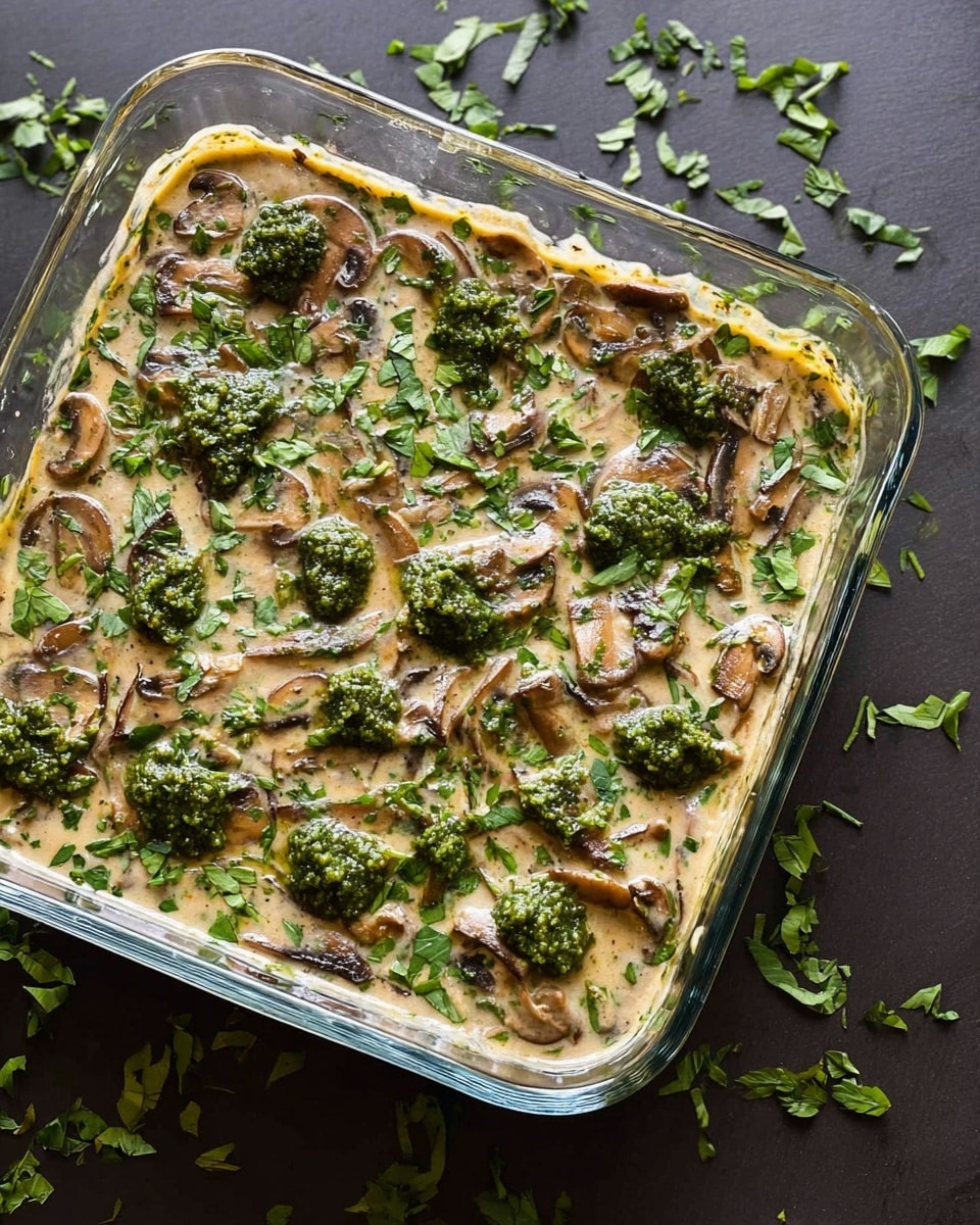 A clear glass square baking dish filled with a creamy, light brown mushroom sauce that has visible slices of mushrooms mixed in, topped with green chopped herbs scattered evenly across the top layer. The dish is placed on a dark surface with additional green herb pieces spread around it. The sauce has a smooth texture with some darker green dollops of herb paste on top. Photo taken with an iphone --ar 4:5 --v 7