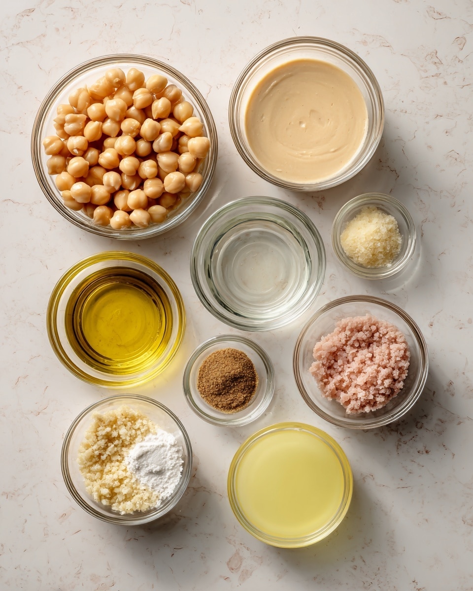 The image shows eight clear glass small bowls laid out on a white marbled surface, each containing a different ingredient. On the top left, there is a bowl filled with whole round chickpeas in a pale beige color. To its right, a bowl contains a creamy beige liquid, labeled tahini. Below the tahini, a clear bowl holds transparent cold water. Further below is a bowl with light yellow olive oil. To the left of the olive oil is a small bowl of white baking soda powder. Next, a bowl has minced garlic in a pale off-white shade. Below the garlic, a bowl contains a mix of pink salt and ground brown cumin. Finally, to the right, a bowl is filled with lemon juice, a pale yellow liquid. All the bowls are evenly spaced and viewed from above in natural lighting. photo taken with an iphone --ar 4:5 --v 7
