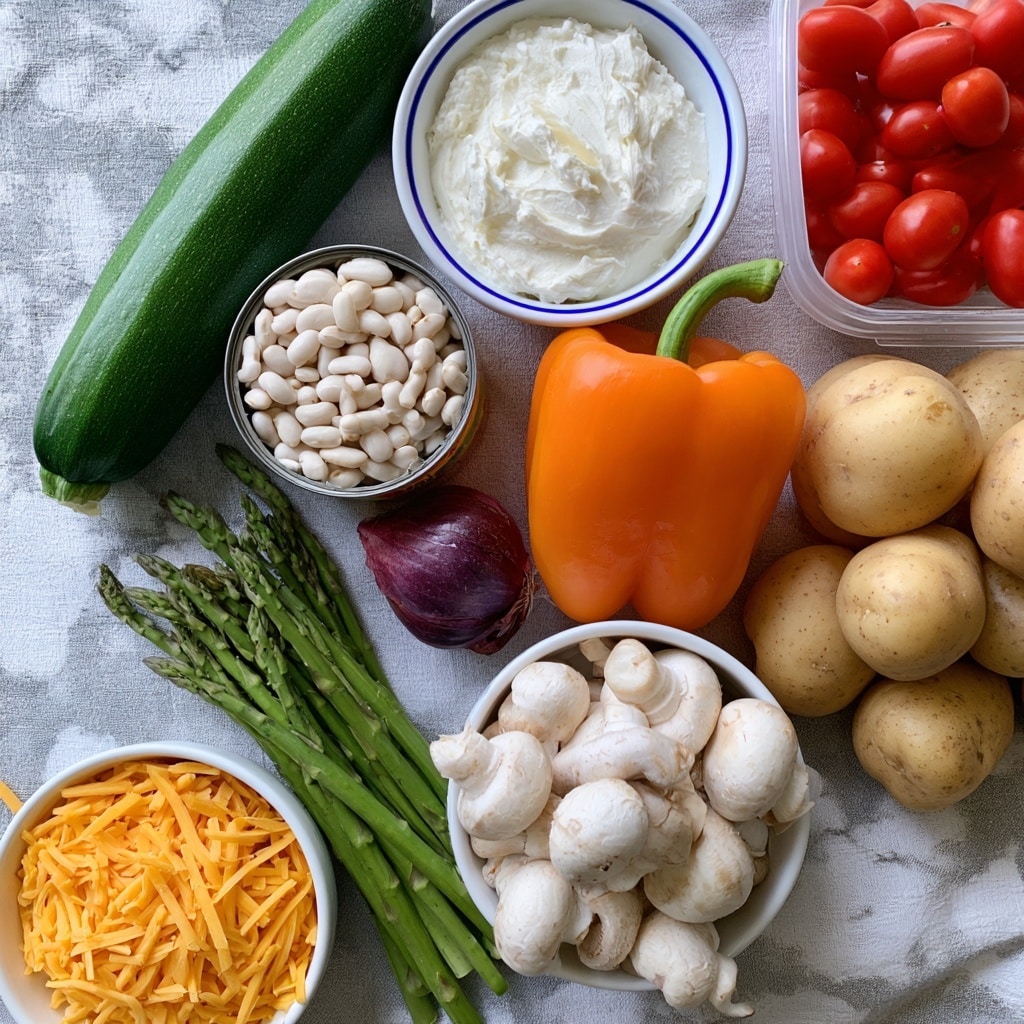 The image shows a group of fresh ingredients on a light gray fabric background with a white marbled texture. At the top left is a long green zucchini. To the right of the zucchini is a white round bowl with blue rim filled with smooth white garlic cream cheese. Next to the bowl on the far right is a clear plastic container filled with small, bright red tomatoes. Below the zucchini and bowl is a can of white cannellini beans with a label. Below the beans is a small red onion with a dark purple skin. To the right of the onion is a bright orange bell pepper with a green stem. Next to the pepper on the right are five round, light brown potatoes grouped together. Below the potatoes is a white round bowl filled with whole white mushrooms. To the left of the mushroom bowl are several long, green asparagus stalks. At the bottom left corner is a white round bowl full of shredded yellow cheddar cheese. The items are spaced evenly and labeled with black text. photo taken with an iphone --ar 4:5 --v 7