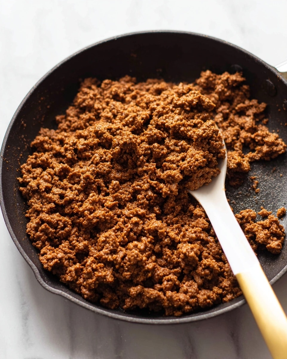 A close-up view shows a black pan filled with well-cooked brown ground meat that looks soft and crumbly, with small pieces spread evenly throughout. A white spoon with a gold handle rests inside the pan on the right side, scooping some of the meat. The pan is set on a surface with a white marbled texture, creating a clean and simple background. photo taken with an iphone --ar 4:5 --v 7