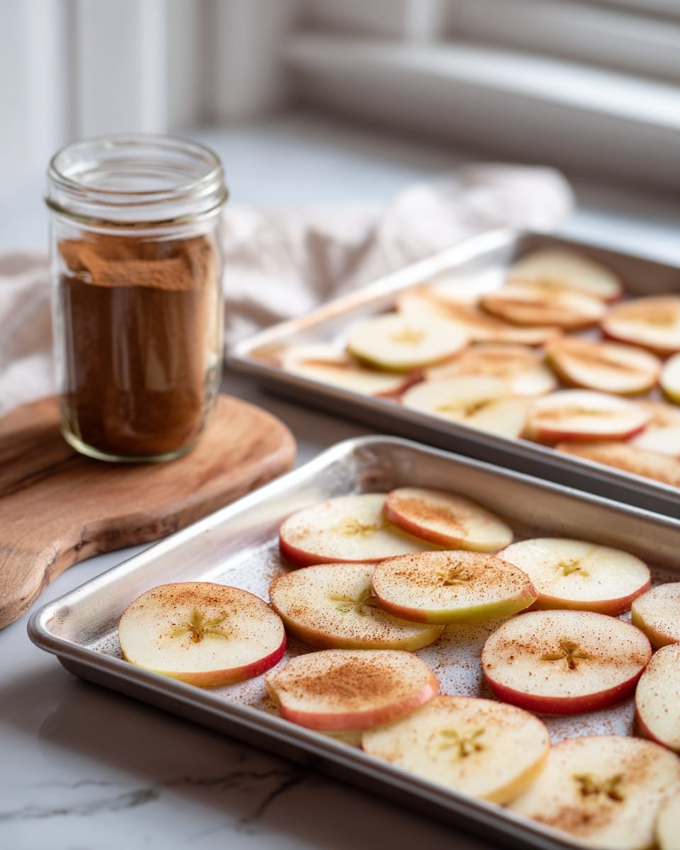 The image shows two silver baking trays on a white marbled surface. Each tray has a single layer of evenly spaced, thinly sliced round apple pieces with their skin edges visible as a light red ring. The apple slices are sprinkled with a light dusting of brown cinnamon powder, unevenly spread across the surface. Behind the trays, there is a glass jar of brown cinnamon spice with a white lid and a wooden cutting board partially visible. The scene is bright and clean, with a soft natural light coming from the left side, highlighting the textures and slight translucency of the apple slices photo taken with an iphone --ar 4:5 --v 7