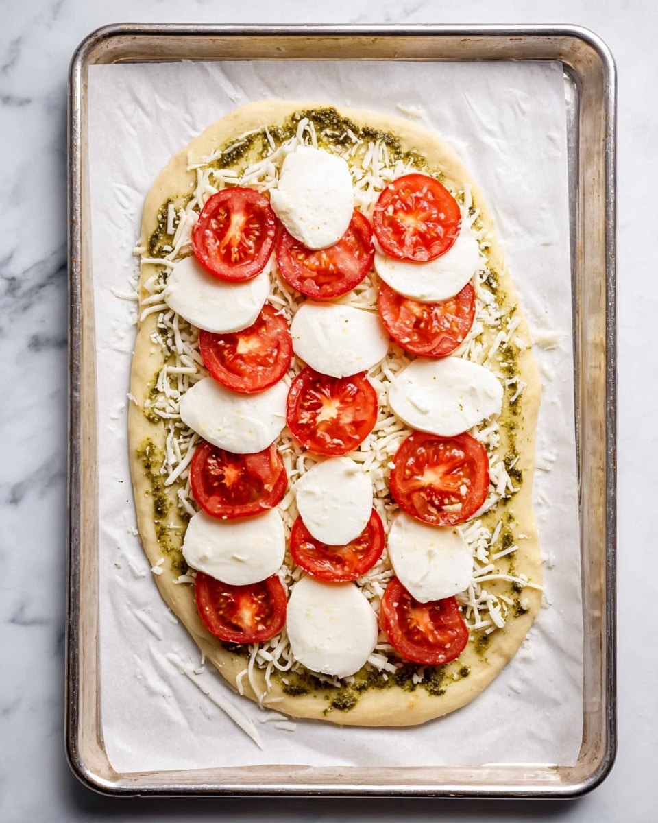A small, oval-shaped pizza on a parchment paper-lined metal baking tray, placed on a white marbled surface. The pizza has one thin, light tan dough layer stretched out flat as the base. On top is a thin, uneven spread of green pesto sauce. The next layer is shredded white mozzarella cheese scattered broadly but not wholly covering the base. The top layer consists of alternating round slices of bright red tomatoes and thick white mozzarella rounds, arranged evenly across the pizza. Photo taken with an iphone --ar 4:5 --v 7