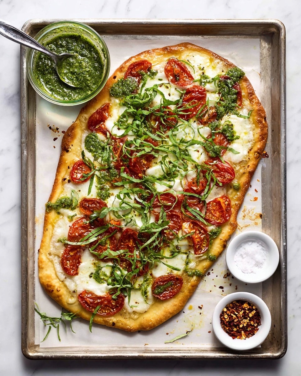 The image shows a flat, oval pizza with a golden-brown crust placed on a baking tray lined with parchment paper, all on a white marbled surface. The pizza has a base layer of melted white cheese, topped with roasted red tomato slices spread evenly across it. There are dollops of green pesto sauce scattered on top and fresh green basil leaves and thin strips of basil spread over the pizza. Next to the pizza on the tray, there is a small glass bowl filled with green pesto and a spoon inside it, and two small white bowls, one with red chili flakes and the other with coarse salt. photo taken with an iphone --ar 4:5 --v 7