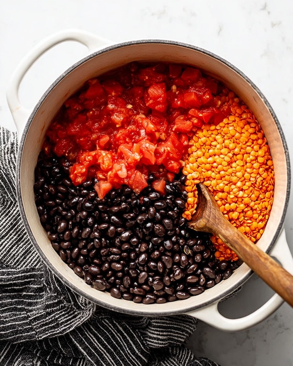 A white pot sits on a white marbled surface with a dark striped towel nearby. Inside the pot, there are three clear layers: bright red chopped tomatoes in one section, dark shiny black beans in a large portion next to the tomatoes, and vibrant orange lentils filling another section. A wooden spoon leans inside the pot on the right side. The colors and textures of the ingredients contrast nicely against the white pot, showing a mix of smooth, wet beans, soft tomatoes, and dry lentils photo taken with an iphone --ar 4:5 --v 7