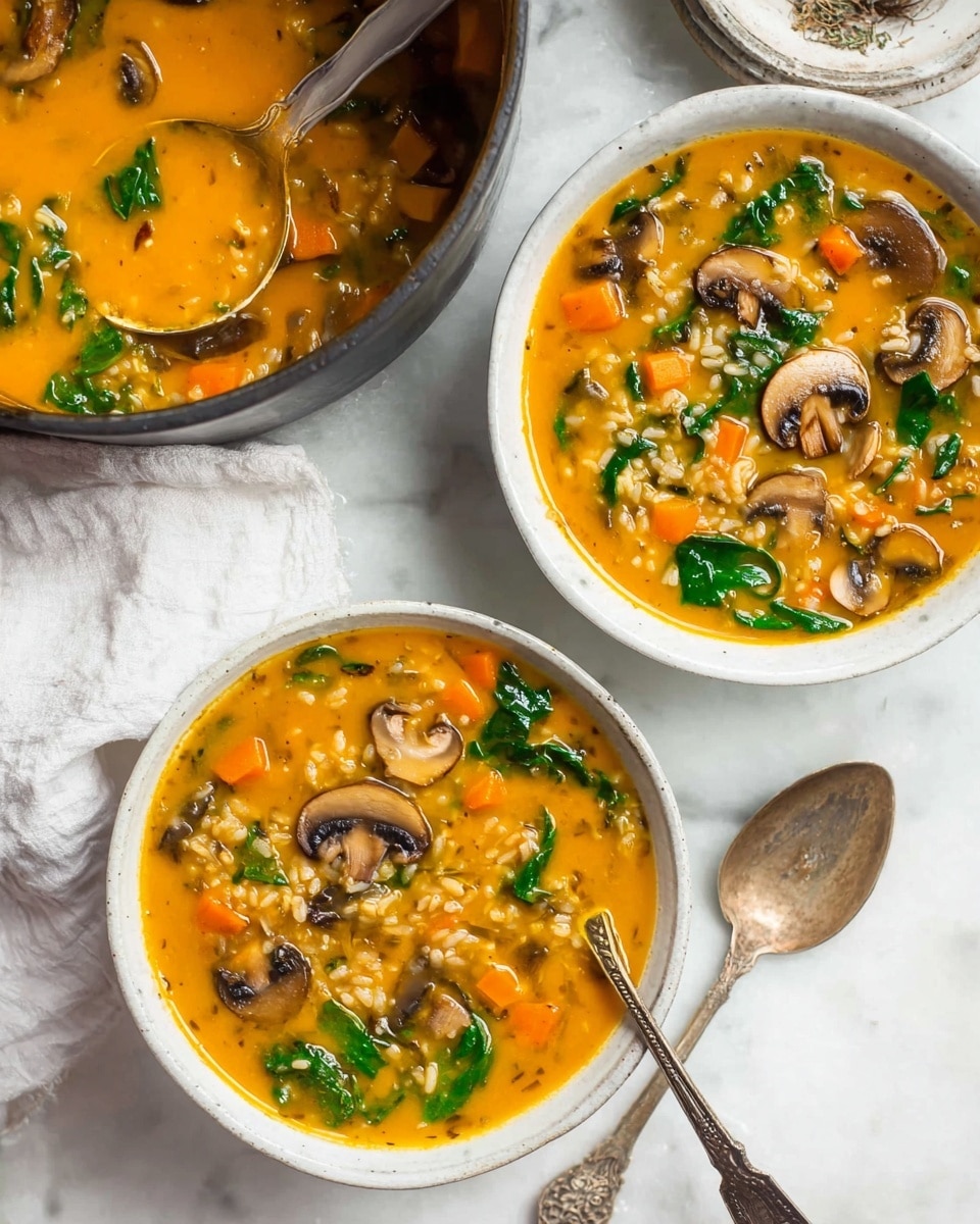 The image shows two white bowls filled with thick orange soup containing visible pieces of sliced mushrooms, small orange cubes, leafy green vegetables, and grains of rice. A dark pot with the same soup is partially visible in the upper left corner, with a spoon inside it. The bowls and pot are placed on a white marbled surface with a white cloth and a vintage spoon nearby, creating a cozy, rustic look. The soup looks creamy with rich colors and a mixture of textures from the soft vegetables and rice. Photo taken with an iphone --ar 4:5 --v 7