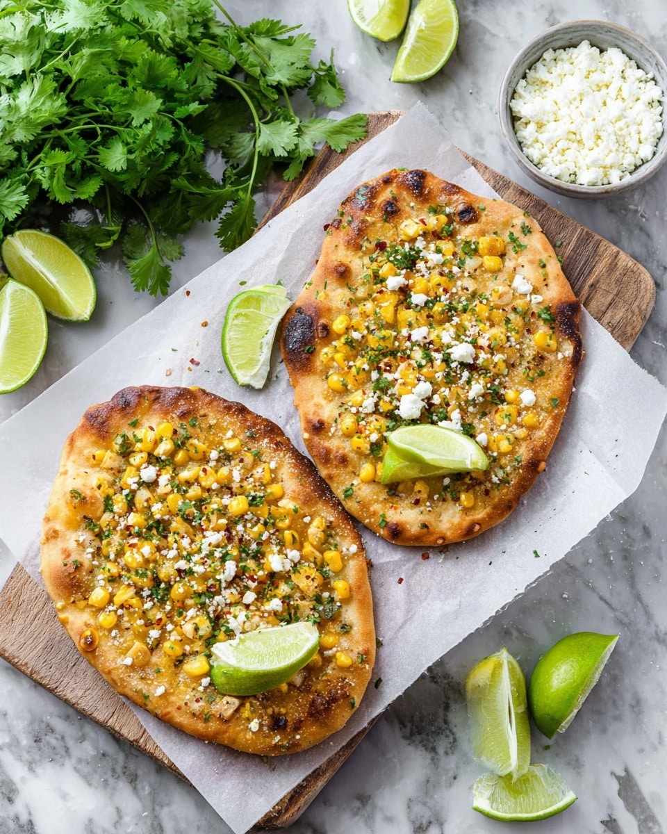 Two small flatbreads sit on white parchment paper over a wooden board, placed on a white marbled surface. Each flatbread has a thick, golden-brown crust with a slightly charred edge. The top layer consists of cooked golden and yellow pieces of corn spread evenly, mixed with finely chopped green herbs. White crumbly cheese is sprinkled over the corn along with tiny red pepper flakes adding color. Each flatbread is garnished with three thin lime wedges positioned near the center and side. Fresh green cilantro bunch and whole limes are visible on the white marbled surface around the flatbreads, with a small white bowl filled with more white cheese nearby. photo taken with an iphone --ar 4:5 --v 7