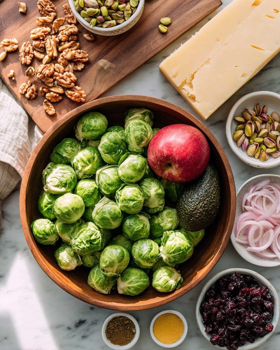 A large round wooden bowl filled with fresh green Brussels sprouts takes up most of the image, with a red apple and a dark green avocado sitting on the right side inside the bowl. To the right of the bowl are two small white bowls; one filled with thinly sliced pale pink shallots and the other with dark dried cranberries. Above, on a wooden board, there is a large wedge of hard cheese with a light yellow color and a white small bowl holding brown walnuts and green pistachios. Various small dishes with different condiments and spices in soft yellow, dark brown, and beige colors are placed around the bowl, all on a surface changed to white marbled texture. The scene is set in natural light, creating clear shadows and highlights for a fresh look photo taken with an iphone --ar 4:5 --v 7