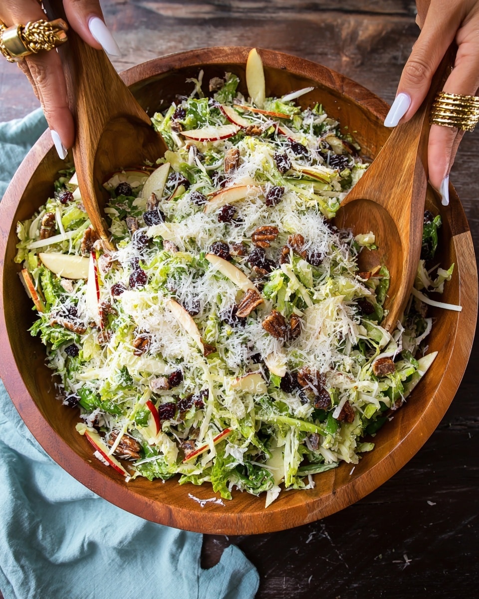 A large wooden bowl filled with a colorful salad made of shredded light green lettuce, thin apple slices with red edges, dark dried berries, and crunchy brown nuts, all topped with a generous layer of finely grated white cheese. Two wooden spoons are lifting the salad, held by a woman's hand on each side with light skin tone and manicured white nails, wearing gold rings and bracelets. The bowl rests on a dark wooden surface with a light blue cloth in the background. Photo taken with an iphone --ar 4:5 --v 7
