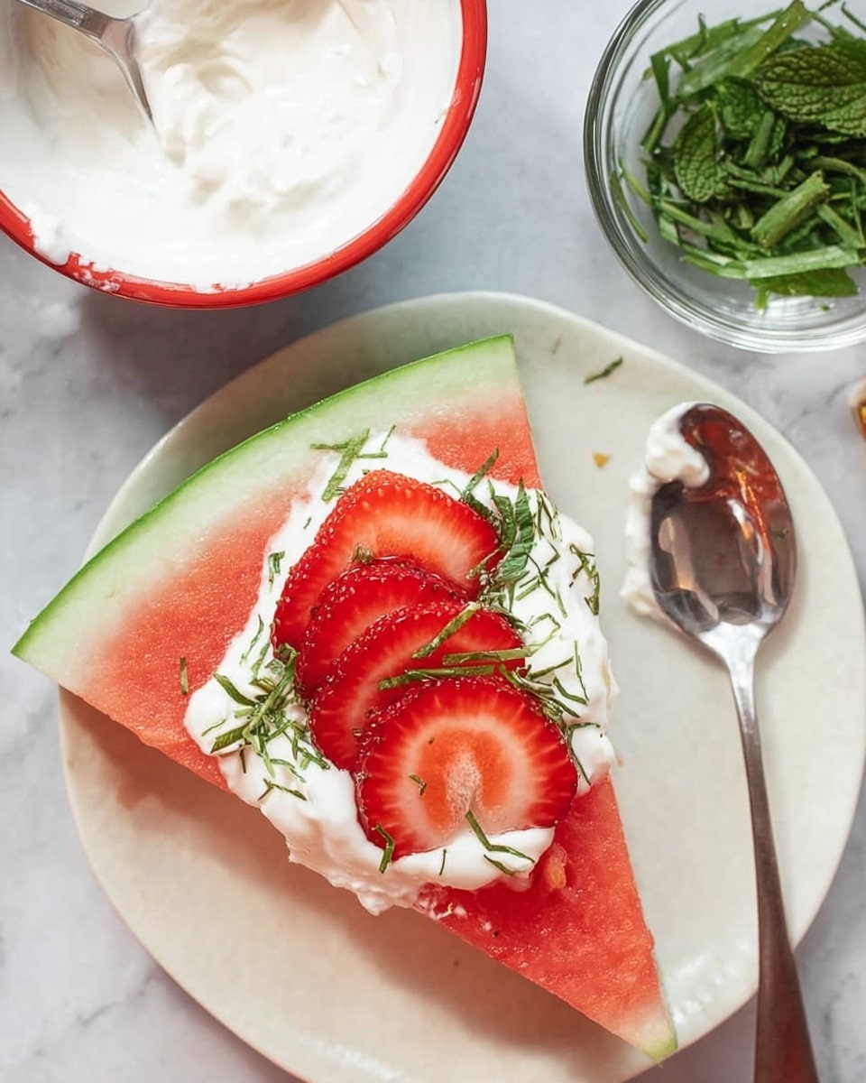 A triangular slice of watermelon with a green rind and red flesh is topped with a layer of white creamy yogurt, three thin slices of red strawberries arranged in a row, and sprinkled with thin strips of green mint leaves. The watermelon slice rests on a white marbled surface, next to a white bowl with red rim filled with white creamy yogurt and a green spoon inside, and a clear small bowl filled with green mint strips. A silver spoon lies on the right side near the watermelon slice, and a woman's hand is scooping yogurt in the bowl. photo taken with an iphone --ar 4:5 --v 7