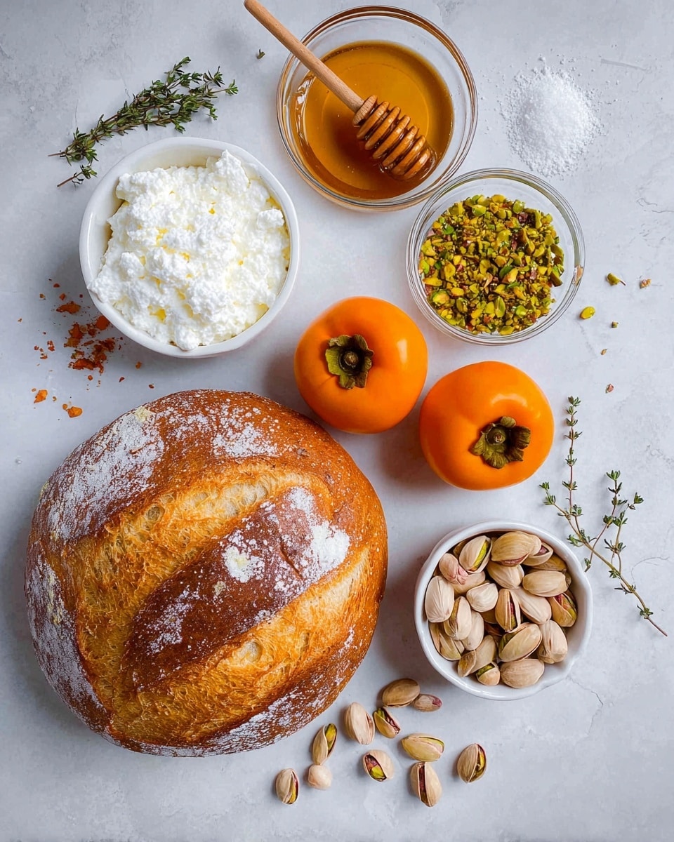 A golden brown round loaf of bread with a crusty surface and light flour dusting sits at the bottom left on a white marbled texture. To its right, three bright orange persimmons with smooth skins are grouped near the edge. Above the bread is a clear glass bowl filled with white soft cottage cheese showing a fluffy texture. Next to it, a small white bowl holds smooth honey with a wooden honey dipper resting across the top. Above that is a glass bowl containing crushed pistachios in shades of green and yellow. To the right, a small white bowl contains whole pistachios with shells. Small sprigs of green thyme and scattered pistachio shells and salt grains are spaced around the ingredients. Photo taken with an iphone --ar 4:5 --v 7