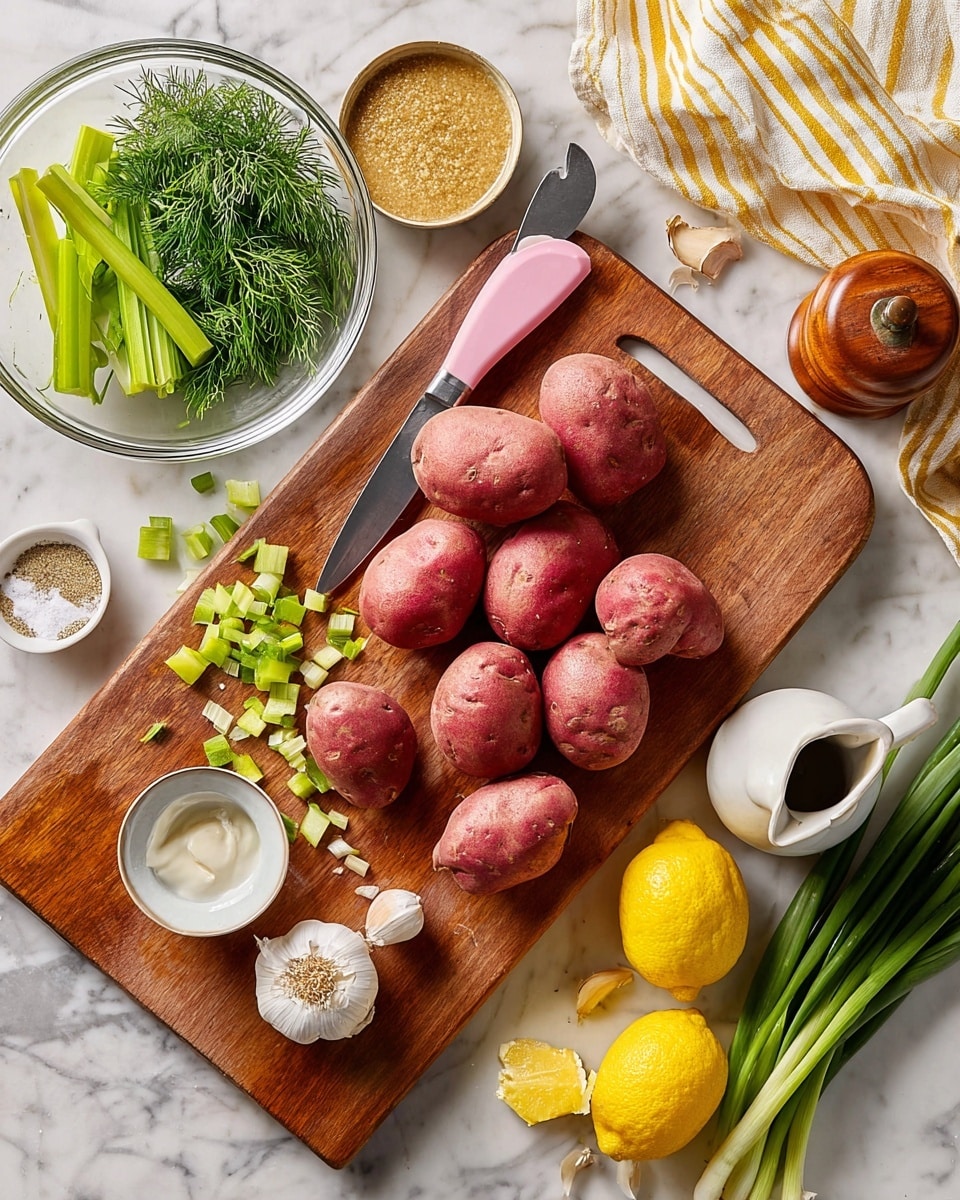 A wooden cutting board on a white marbled surface is filled with several whole red potatoes, some small diced green celery sticks on the left, and a large metal knife placed at an angle among the celery. Above the board, a clear glass bowl holds fresh green dill and chives, with a pink spatula resting inside. To the right of the board, there is a small white bowl with grainy mustard, a small glass bowl with a white creamy ingredient, and a wooden pepper grinder. Nearby, garlic cloves and bulbs are spread on the marble, along with green onions extending below the cutting board. At the bottom right, a bright yellow lemon and a matching yellow lemon squeezer sit next to a half lemon and a small white pitcher. A striped yellow and white cloth is partially visible in the upper right corner. Photo taken with an iphone --ar 4:5 --v 7