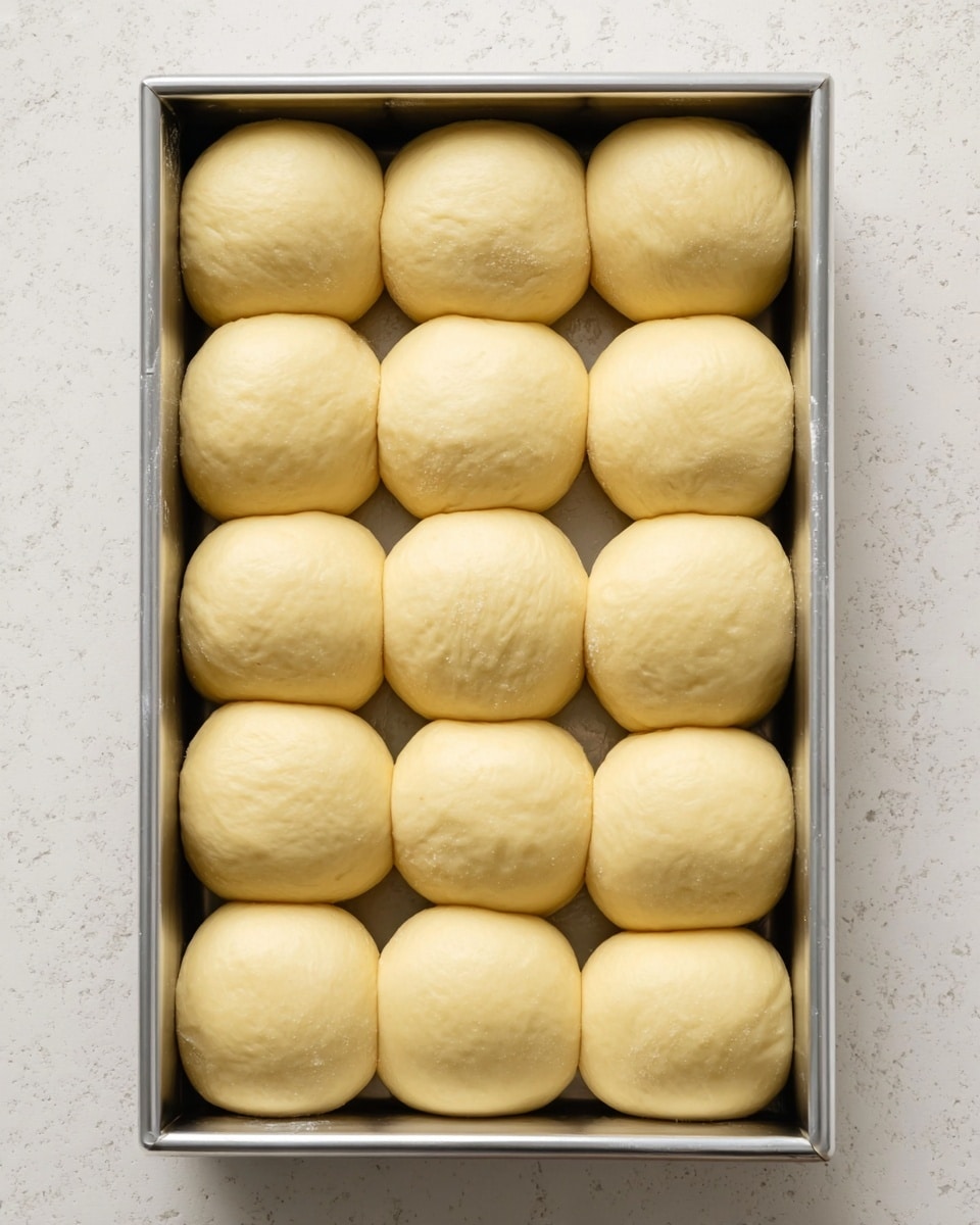 The image shows a metal rectangular baking tray filled with fifteen round dough balls arranged in a grid of three rows and five columns. The dough balls are pale yellow with a smooth, slightly shiny surface, closely packed so they touch each other. The tray sits on a white marbled textured surface, and the light highlights the soft, fluffy texture of the dough balls. photo taken with an iphone --ar 4:5 --v 7
