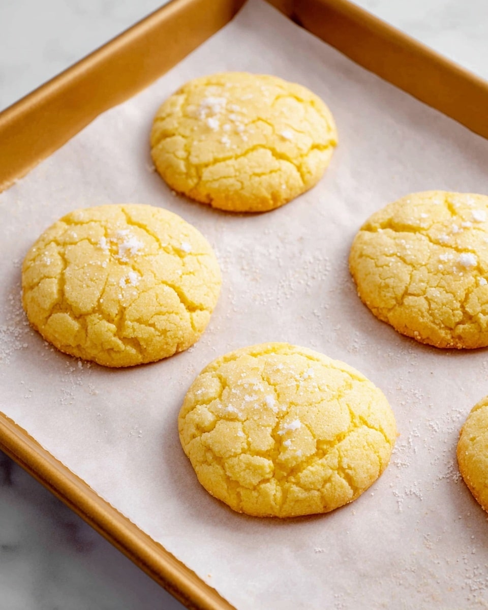 Four soft, round yellow cookies with light cracks on the surface sit on white parchment paper on a baking tray. Each cookie has a few light white sugar spots sprinkled on top, giving them a slightly textured look. The parchment paper is smooth and clean, and the baking tray edge is visible with a warm golden brown color. The background is a white marbled texture. photo taken with an iphone --ar 4:5 --v 7