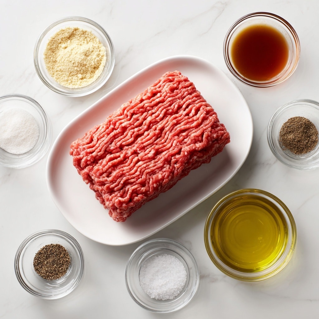 A white oval plate holds a large block of ground beef with a bright red and slightly textured surface stacked in two layers. Surrounding the plate on a white marbled background are six small clear glass bowls arranged in a loose circle. Each bowl contains a single ingredient: pale yellow garlic powder with fine texture, coarse black pepper with specks of brown, dark brown Worcestershire sauce with smooth glossy texture, light golden olive oil with a slightly shiny surface, and white salt with fine granules. Each ingredient bowl is clearly labeled with black and white text. The scene is well-lit and clean. photo taken with an iphone --ar 4:5 --v 7