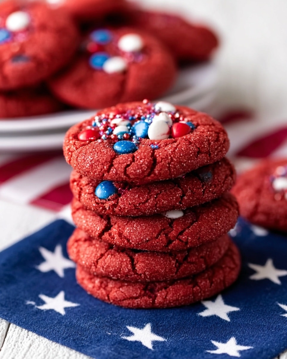 A stack of four round, cracked red cookies sits on a blue cloth decorated with white stars. Each cookie is thick and textured, with small red, white, and blue candy pieces pressed into the top layer, adding colorful pops of shine on the rough surface. Behind the stack, more red cookies with the same candy pieces are piled on a white plate, all placed on a white marbled surface. The image focuses closely on the cookies, showing their detailed texture clearly. photo taken with an iphone --ar 4:5 --v 7