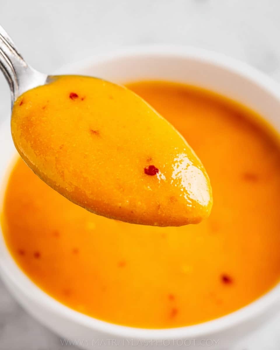 A close-up shot of a thick, smooth orange soup served in a white bowl with a handle, showing tiny red specks and a slightly glossy surface. A spoon rests inside the bowl, filled with the same vibrant orange soup that has a creamy texture with small visible bits throughout. The bowl is placed on a white marbled surface, and the edges of the bowl and spoon are clean with the soup evenly spread. Photo taken with an iphone --ar 4:5 --v 7