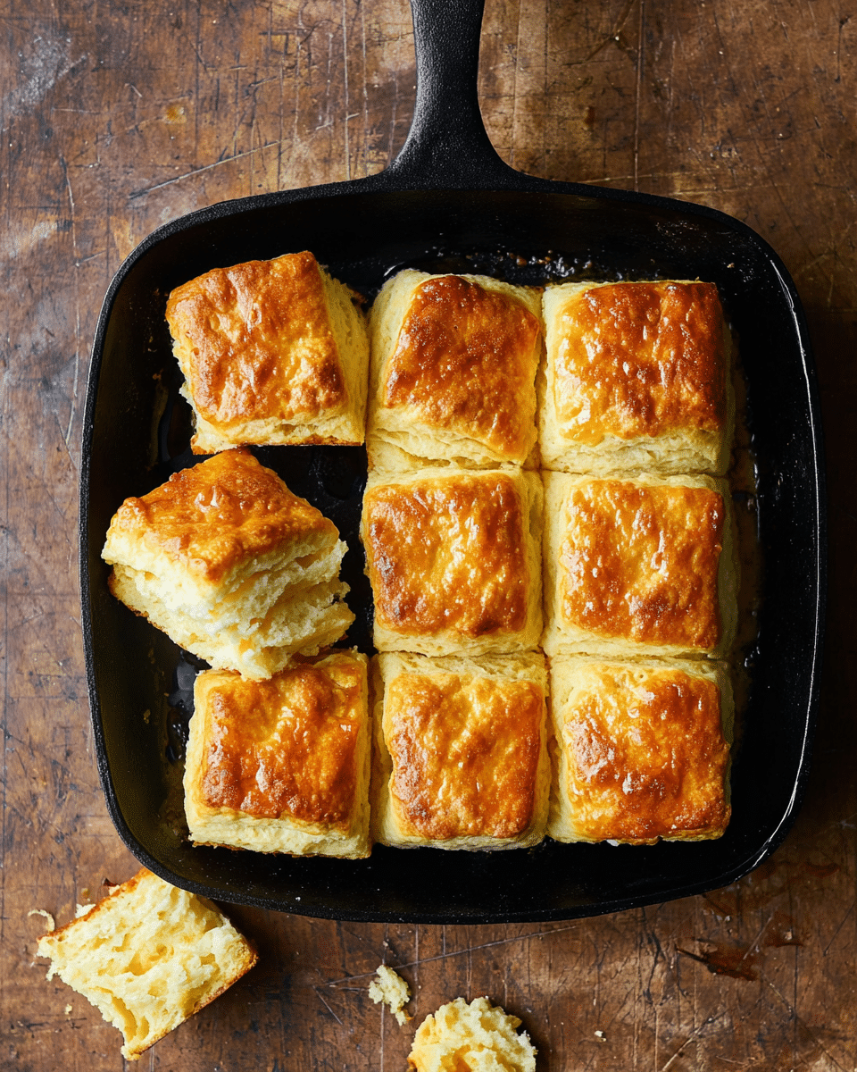 A black skillet filled with several square golden biscuits, stacked slightly in the center, showing their soft, layered texture. Each biscuit has a shiny, slightly browned top with visible layers inside, indicating fluffiness and lightness. One biscuit rests on top of another, highlighting its soft crumb inside. The skillet sits on a white marbled surface, with a few biscuit crumbs scattered around. photo taken with an iphone --ar 4:5 --v 7