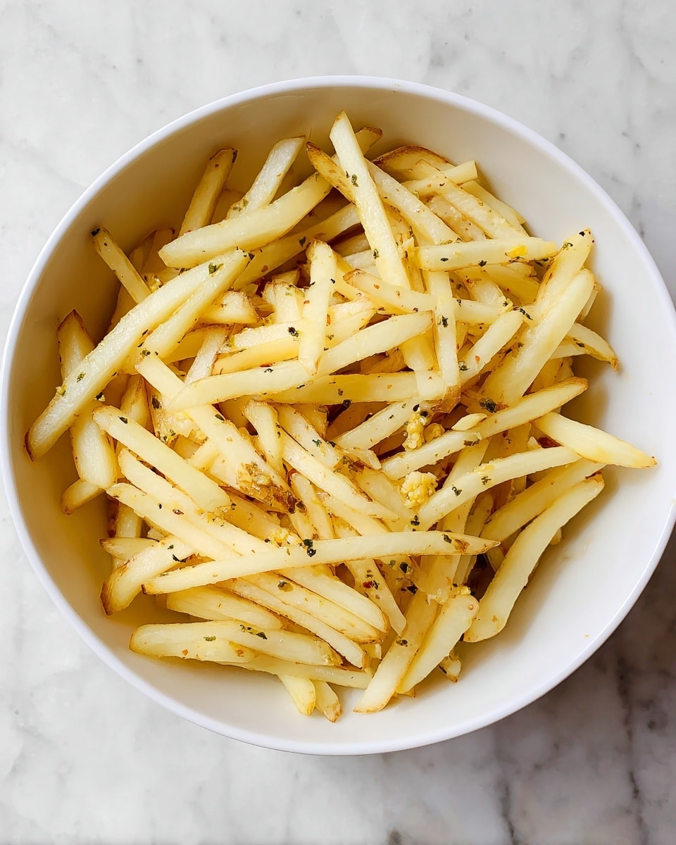 A white bowl full of thinly sliced potato sticks with light yellow skin still on some edges, mixed lightly with small pieces of translucent sautéed garlic and tiny specks of herbs, placed on a white marbled surface photo taken with an iphone --ar 4:5 --v 7