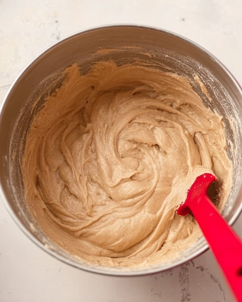 The image shows a close-up of a large silver mixing bowl filled with light brown batter that is smooth and creamy with some air bubbles and swirls on the surface. A red spatula is partially visible, resting inside the bowl and blending the thick batter. The bowl sits on a white marbled surface, adding a clean and bright background to the scene. The batter has a rich, slightly grainy texture that looks soft and ready to be used. photo taken with an iphone --ar 4:5 --v 7