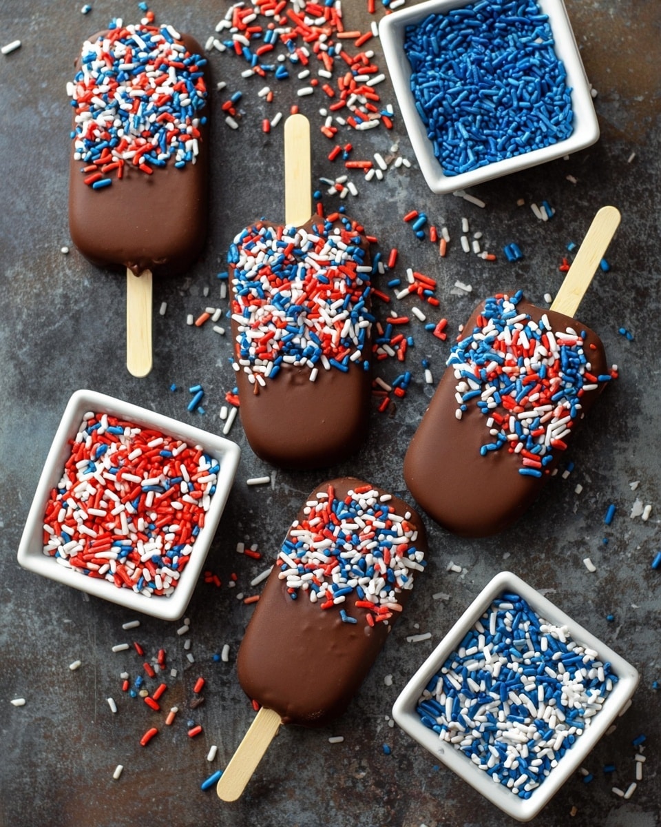 There are five chocolate-covered ice cream bars arranged on a textured dark surface. Each bar has a wooden stick at the bottom and is topped with red, white, and blue cylindrical sprinkles scattered unevenly over the chocolate layer. Around the bars, there are four small white square dishes filled with different colored sprinkles: red, white, and blue, with some sprinkles spilled onto the surface. The ice cream bars have a smooth, glossy chocolate layer and the sprinkles add a bright, textured look to the tops. photo taken with an iphone --ar 4:5 --v 7