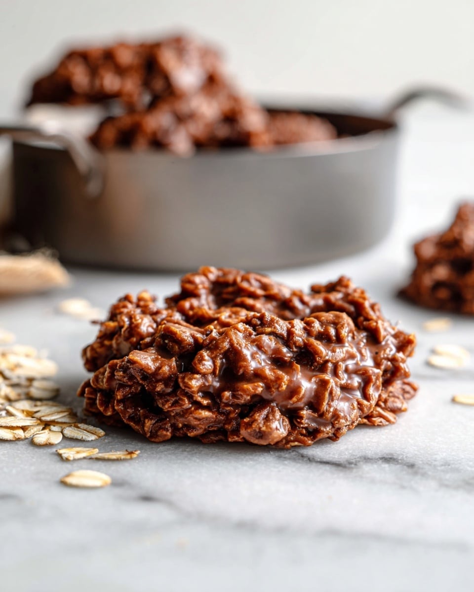 A close-up of a single no-bake chocolate oat cookie on a white marbled surface, showing rough and chunky layers of oats coated thickly in rich, shiny chocolate, with a soft, slightly crumbly texture inside. Behind it, a blurred metal pan filled with more cookies can be seen, adding depth to the image. Some loose oats are scattered around the cookie, emphasizing the oat ingredient. The photo is taken with an iphone --ar 4:5 --v 7