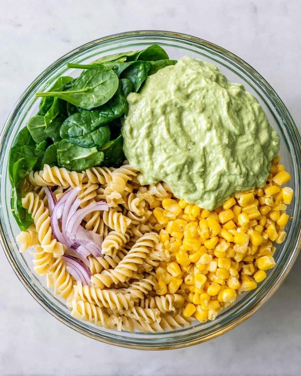 A clear glass bowl on a white marbled surface holds four different layers of food arranged side by side. At the bottom left, there is a layer of fresh dark green spinach leaves with some thin slices of light purple onion mixed in. Next to the spinach on the left half is a layer of cooked spiral pasta that is light beige in color. To the right of the pasta, covering the top right portion, is a bright yellow layer of cooked corn kernels. On top of the pasta, a thick, creamy light green sauce with a slightly chunky texture is spread. The light and colors look fresh and natural. Photo taken with an iphone --ar 4:5 --v 7