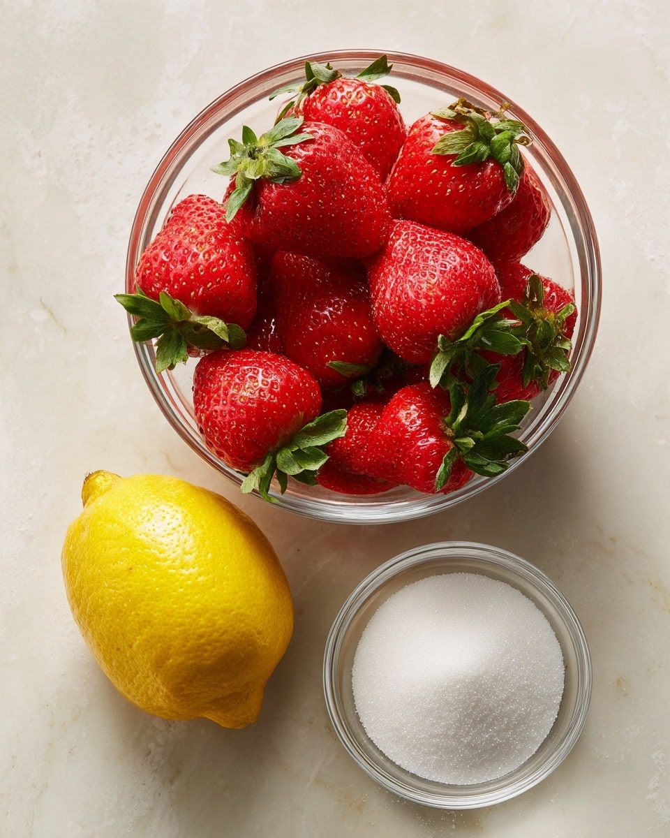 A clear glass bowl filled with many ripe red strawberries with green leaves sits on a white marbled surface. Next to it, on the right, there is a small clear glass bowl filled with white granulated sugar, showing soft texture on top. Above the sugar bowl is a whole bright yellow lemon with a slightly shiny and textured skin. The arrangement is neat and bright with colors of red, white, and yellow standing out clearly. Photo taken with an iphone --ar 4:5 --v 7