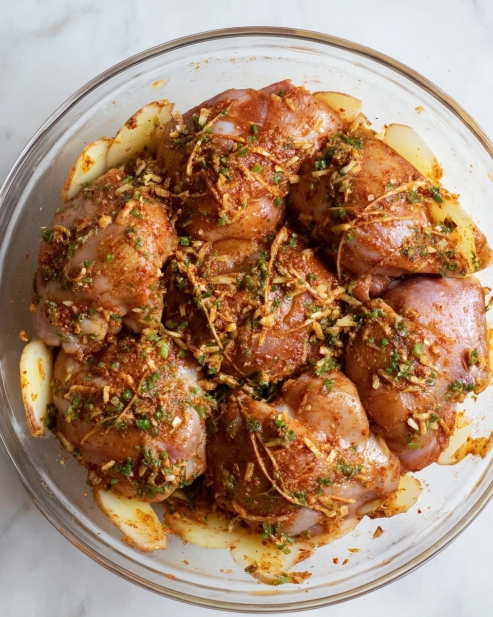 A clear glass bowl is filled with five pieces of raw chicken thighs, each piece coated in a reddish spice mix. The chicken sits on a bed of thick pale yellow slices that look like ginger, mixed with some finely chopped green herbs. The spices create a dry, powdery texture over the chicken, with scattered bits of herbs and ginger spread evenly around. The bowl is placed on a white marbled surface. photo taken with an iphone --ar 4:5 --v 7