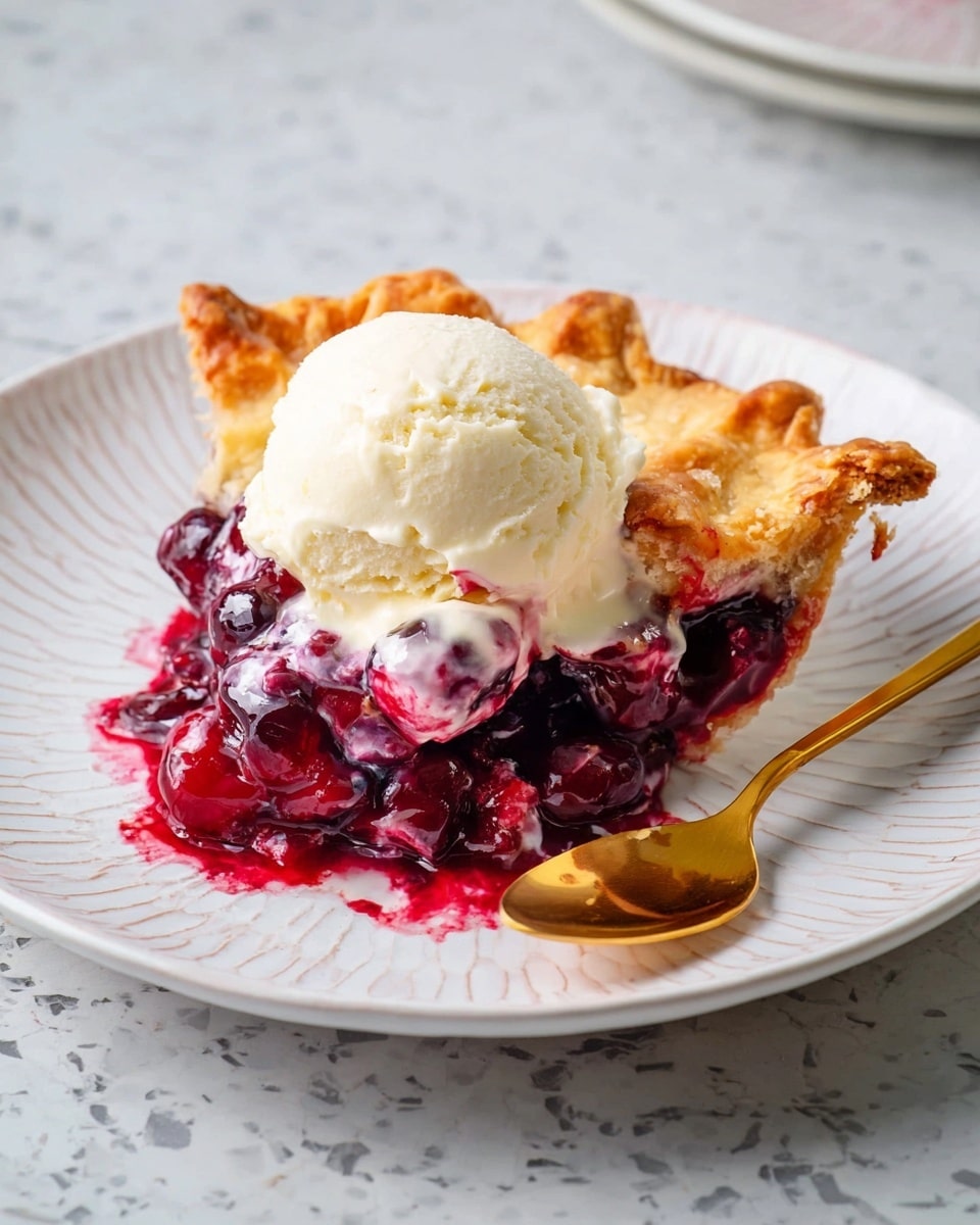 A slice of cherry pie with a golden-brown flaky crust sits on a white plate with a textured rim. The pie has two visible layers: the bottom layer is deep red, thick cherry filling with whole cherries and syrup spilling onto the plate, while the top layer is a softly baked crust with a slightly glossy finish. On top of the pie is a scoop of melting vanilla ice cream, slightly blending with the cherry filling. A shiny golden spoon lies at the edge of the plate, all set on a white marbled textured surface. Photo taken with an iphone --ar 4:5 --v 7