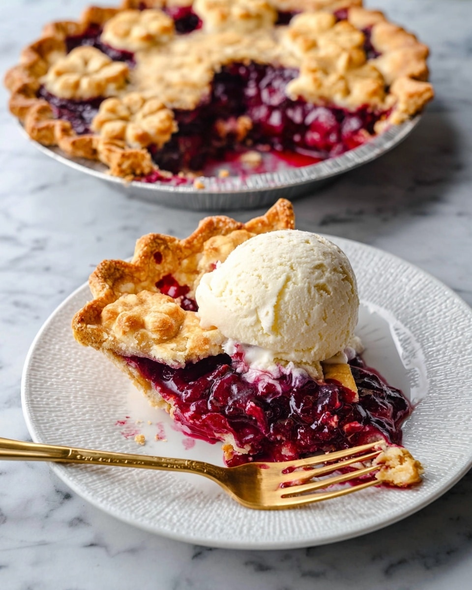A slice of berry pie sits on a white plate with a textured rim, showing three layers: the golden-brown, crimped crust on top decorated with small flower shapes, a deep red-purple berry filling that looks juicy and thick, and a flaky, light brown bottom crust. On top of the pie slice, a scoop of creamy white ice cream slightly melts, covering part of the crust and filling. A gold fork with a bite of pie and ice cream is placed near the slice on the plate. In the background, a metal pie pan holds the remaining pie with one slice removed, showing the same layers and crumbly crust. The surface underneath is a white marbled texture. Photo taken with an iphone --ar 4:5 --v 7
