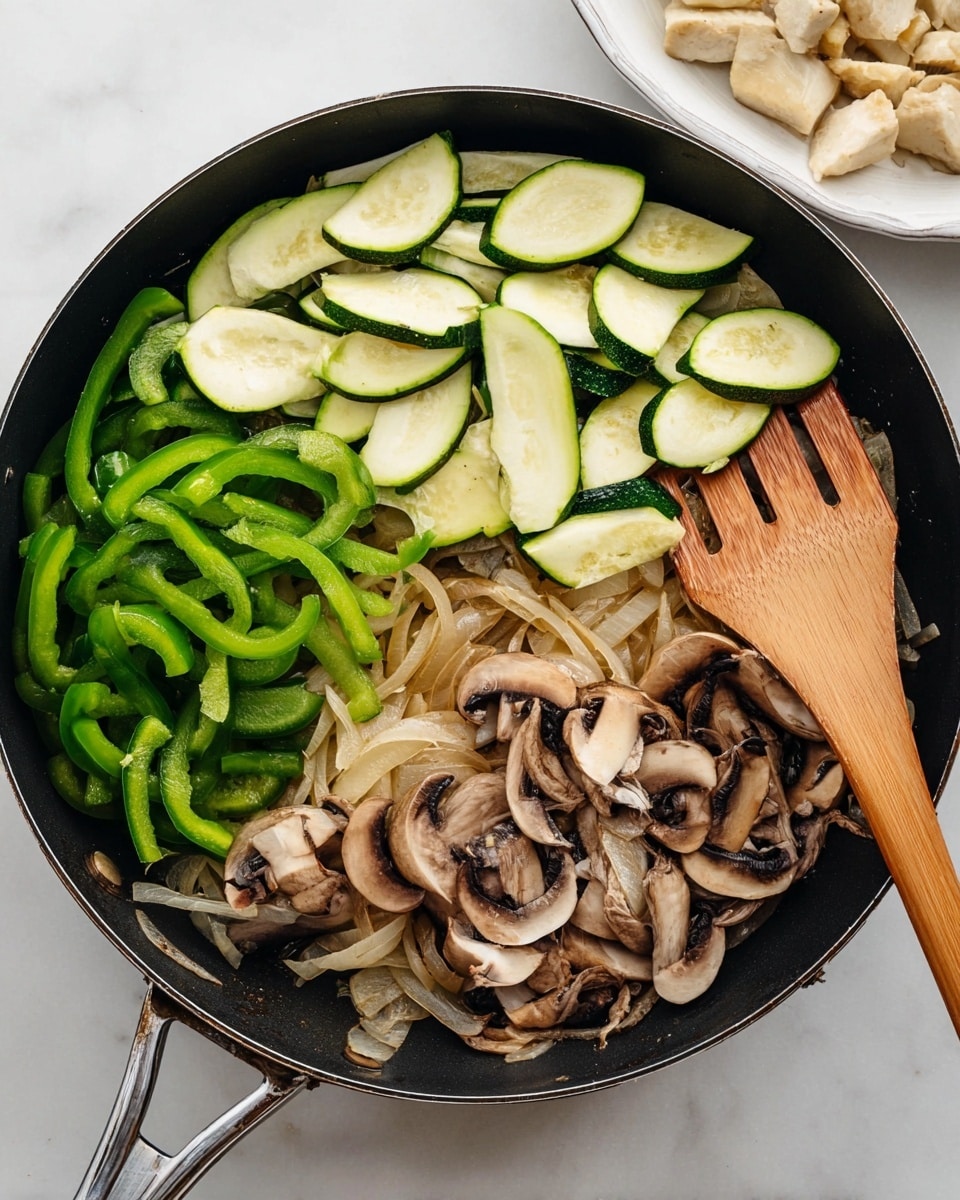 A black frying pan filled with three layers of vegetables arranged by type; at the bottom left are green bell pepper strips mixed with translucent cooked onions, to the right, finely sliced brown mushrooms cover about a third of the pan, and on the top half, there are pale green slices of zucchini with dark green edges. A wooden spatula with a smooth texture rests on the vegetables, angled diagonally from bottom center to top left. The pan is set on a white marbled surface with parts of a white plate holding light beige cooked pieces visible at the top right. Photo taken with an iphone --ar 4:5 --v 7