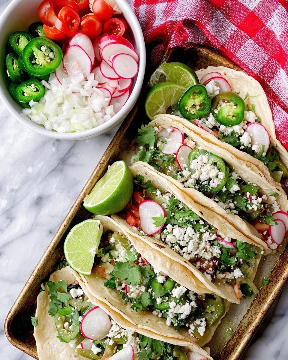 A round metal tray holds six soft white tortillas folded in half, each filled with layers of light shredded meat, bright green cilantro leaves, thin red radish slices, and purple-red diced tomatoes, topped with white crumbly cheese and fresh green jalapeno slices. Lime wedges are placed between the tacos around the edge of the tray. In the center, a white bowl contains neatly arranged small piles of white diced onions, red diced tomatoes, and sliced green jalapenos, all set on a white marbled surface with a red cloth partially visible underneath. Photo taken with an iphone --ar 4:5 --v 7