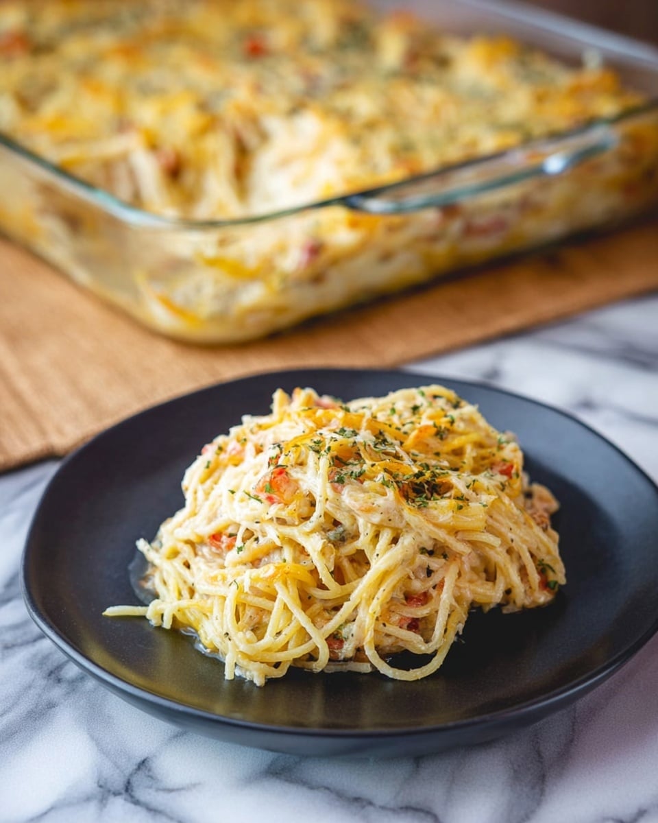 A portion of creamy baked spaghetti sits on a dark plate in the foreground, showing tangled pale yellow noodles mixed with melted golden cheese and small bits of red and green herbs scattered on top. Behind the plate, a clear glass baking dish filled with the same cheesy spaghetti is visible, showing a thick layer of noodles covered with melted cheese and herbs. Both dishes are placed on a white marbled surface with soft natural light highlighting the textures. photo taken with an iphone --ar 4:5 --v 7