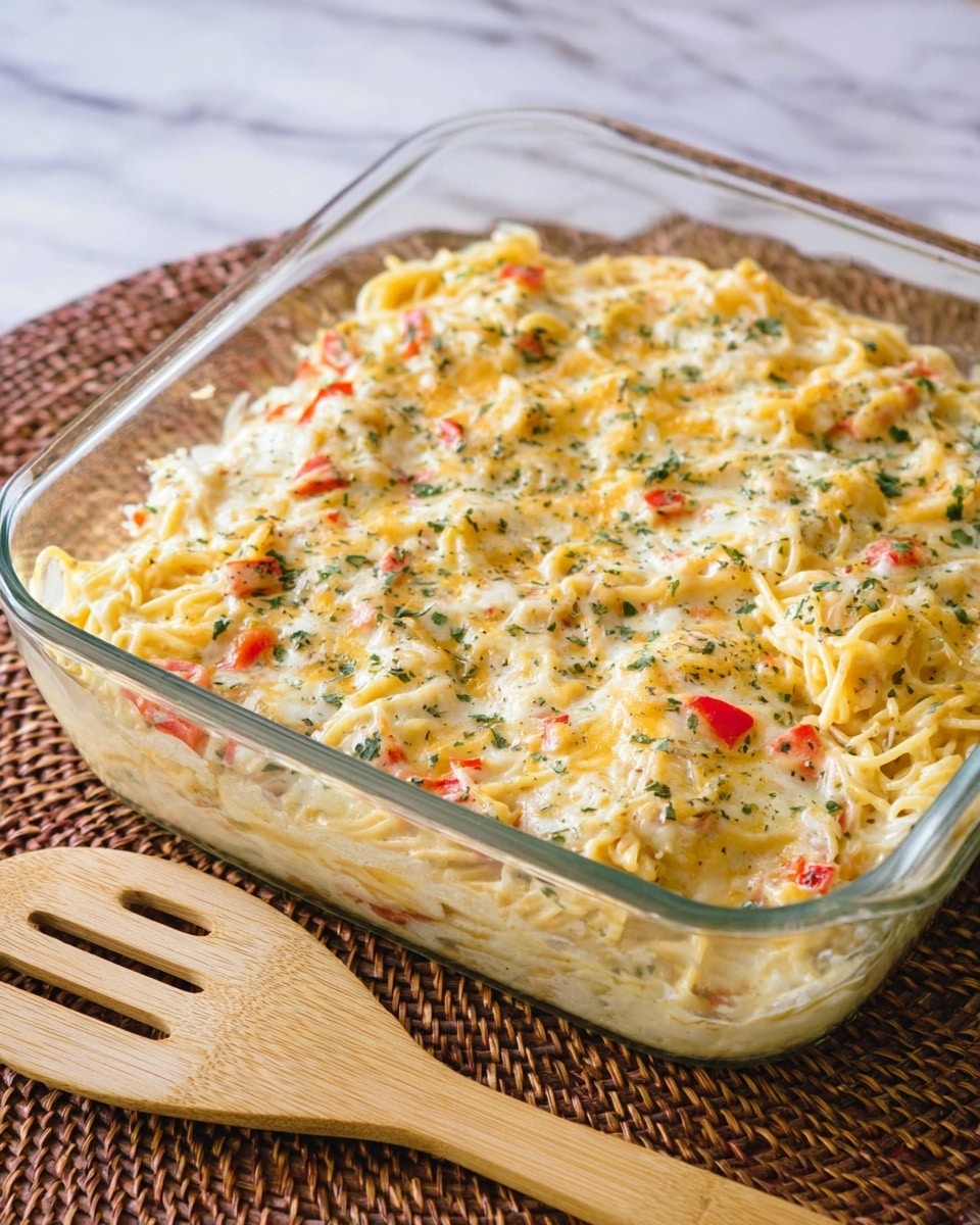 The dish is a creamy baked pasta casserole in a clear glass square dish. The top layer is covered with melted yellow and white cheese, mixed with small pieces of red bell pepper and green herbs sprinkled evenly across the surface. Underneath, parts of spaghetti noodles are visible, coated in a creamy sauce. The texture looks soft and slightly gooey from the melted cheese. The casserole dish sits on a woven brown mat placed on a white marbled surface. In front of the dish, there is a light wooden slotted spoon resting flat on the surface. photo taken with an iphone --ar 4:5 --v 7