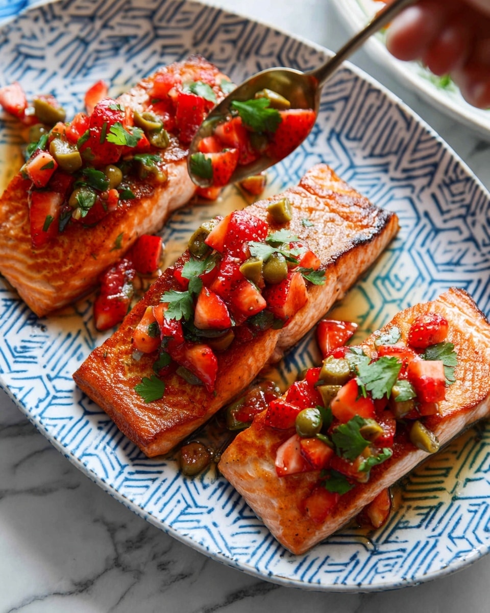 The image shows three grilled salmon fillets placed side by side on a white plate with blue geometric patterns. Each salmon piece is golden brown with visible grill marks and topped with a colorful salsa made of chopped strawberries, green olives, fresh green herbs, and green onions. There is also a small bowl filled with more vibrant salsa resting at the bottom left corner of the plate. The dish is arranged on a white marbled surface with a glass of light yellow beverage near the top left corner. Photo taken with an iphone --ar 4:5 --v 7