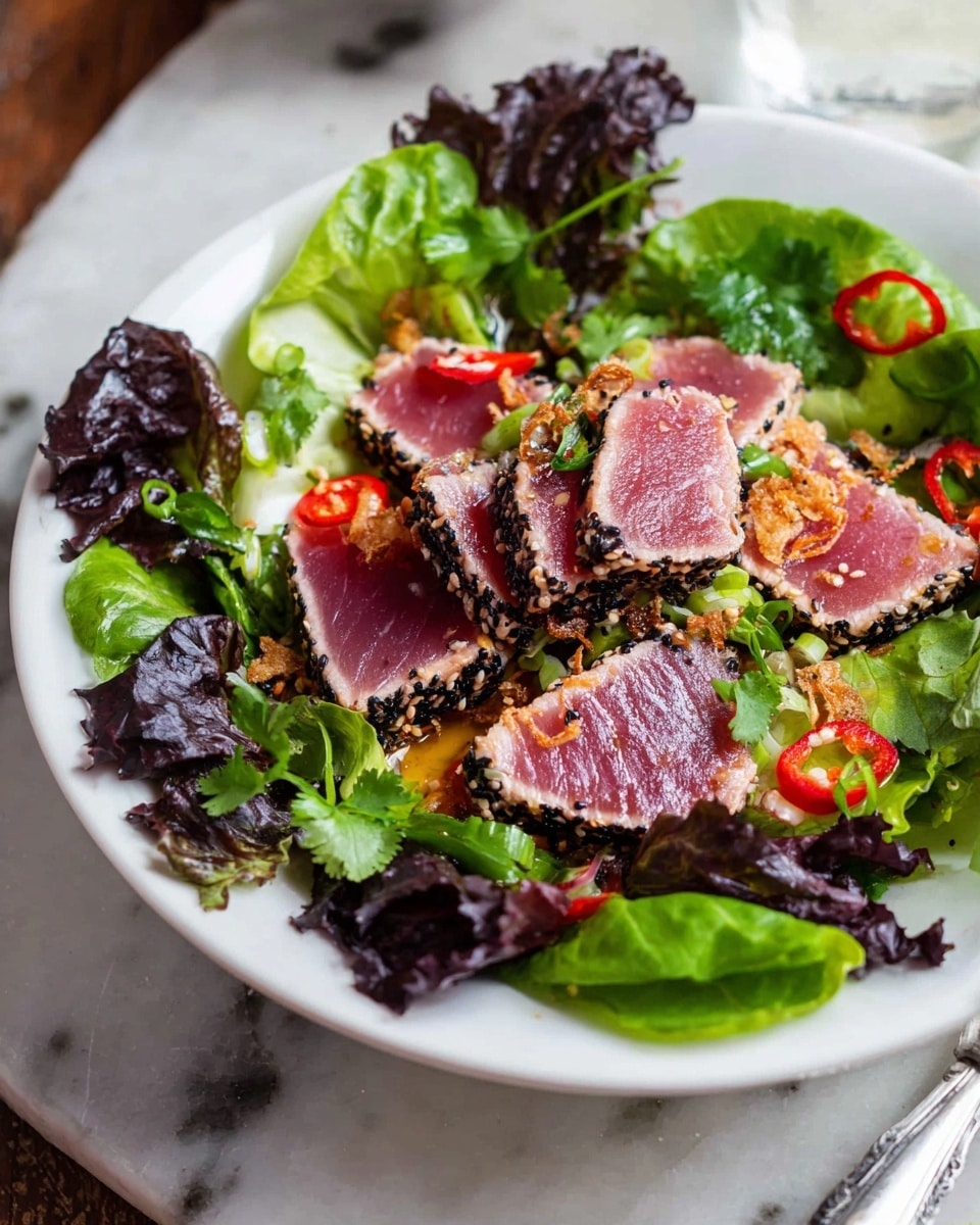 A white plate holds a salad with several layers: a base of green and dark purple lettuce leaves forming a bed, topped with thick slices of seared tuna that have a pink center and a black sesame seed crust. The tuna pieces are arranged in the middle of the plate. Scattered on top and around the tuna are thin slices of red chili, light fried garlic chips, small green onions, and fresh cilantro leaves. The salad looks fresh and colorful, with the textures of crisp lettuce, tender tuna, and crunchy toppings. The plate sits on a white marbled surface. Photo taken with an iphone --ar 4:5 --v 7