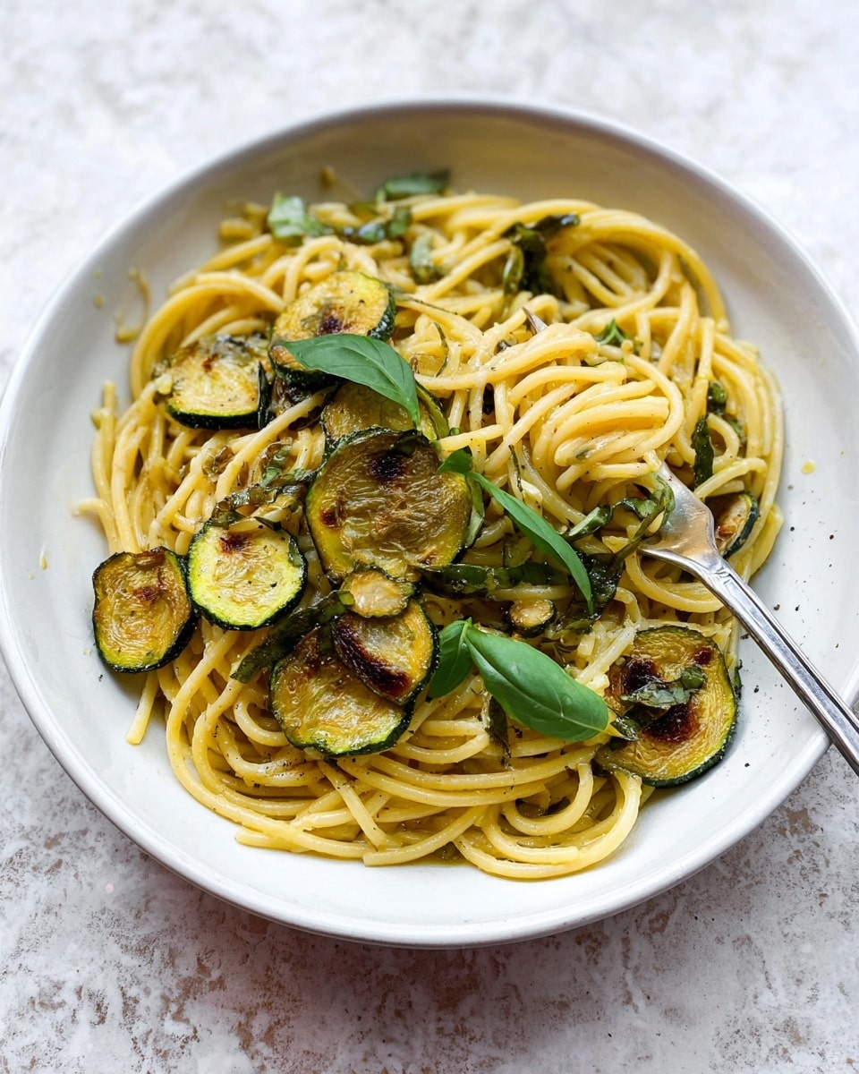 A white bowl holds a serving of thick yellow spaghetti noodles mixed with slices of browned, crispy zucchini, scattered evenly on top and throughout. Bright green basil leaves rest on top of the pasta, adding a fresh touch of color. A silver fork is placed on the right inside the bowl, partly stuck into the noodles. The bowl sits on a white marbled textured surface. photo taken with an iphone --ar 4:5 --v 7